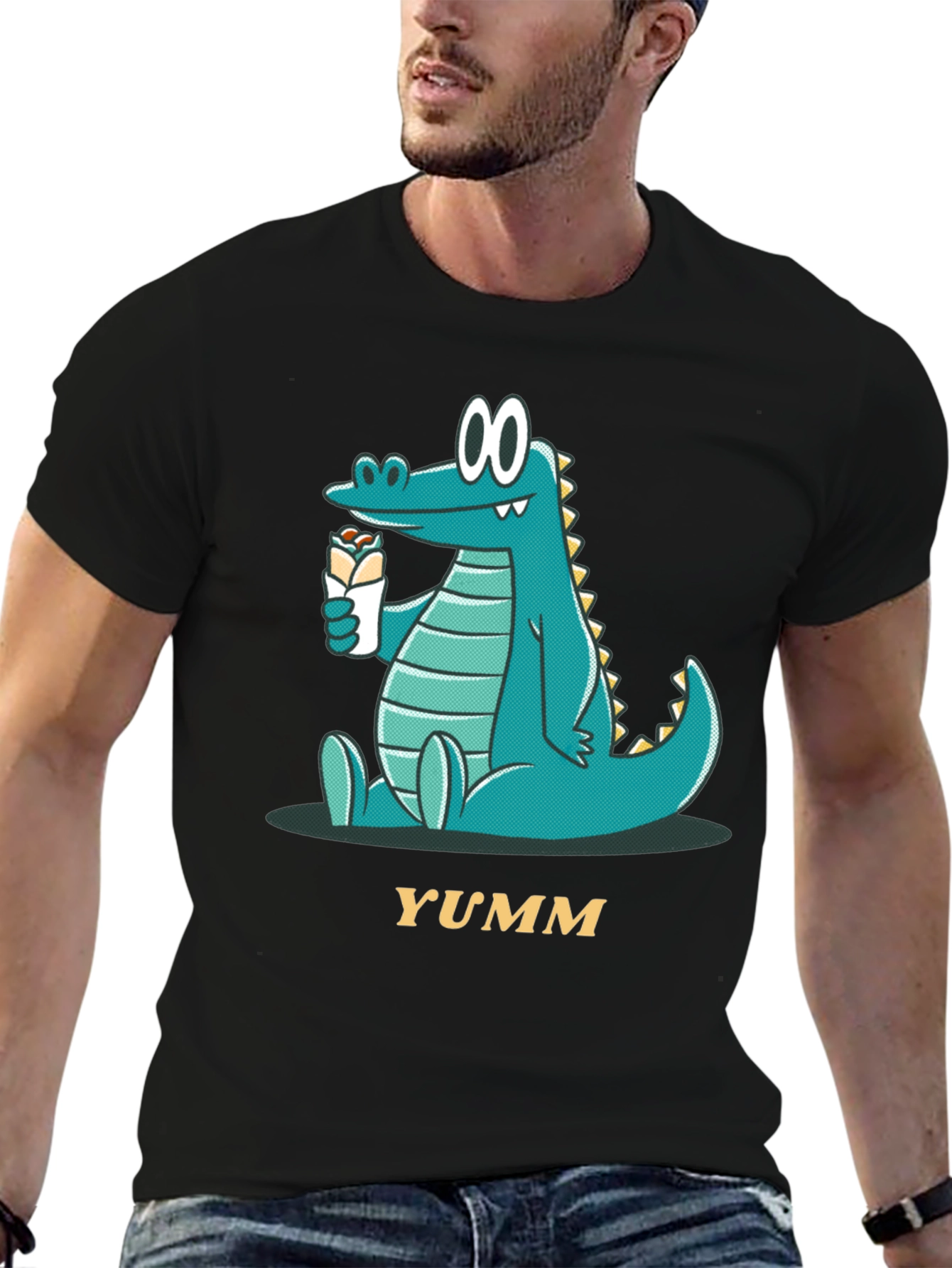 Cartoon Alligator Eating Wrap - Mens Black T-Shirt