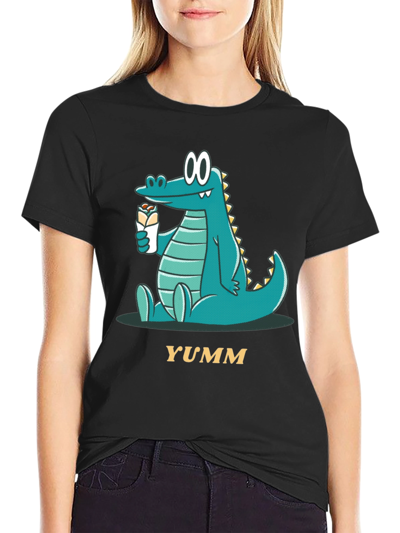 Cartoon Alligator Eating Wrap - Mens Black T-Shirt