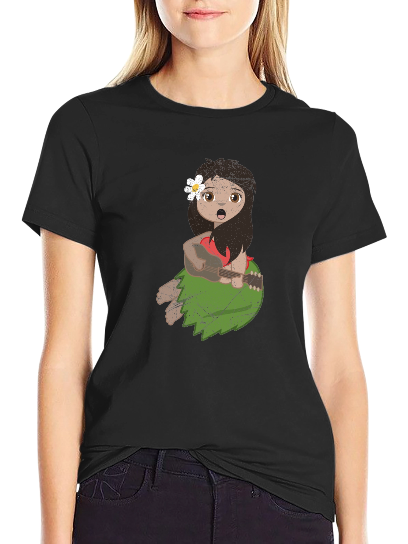 Girl Playing Ukulele Black T-Shirt