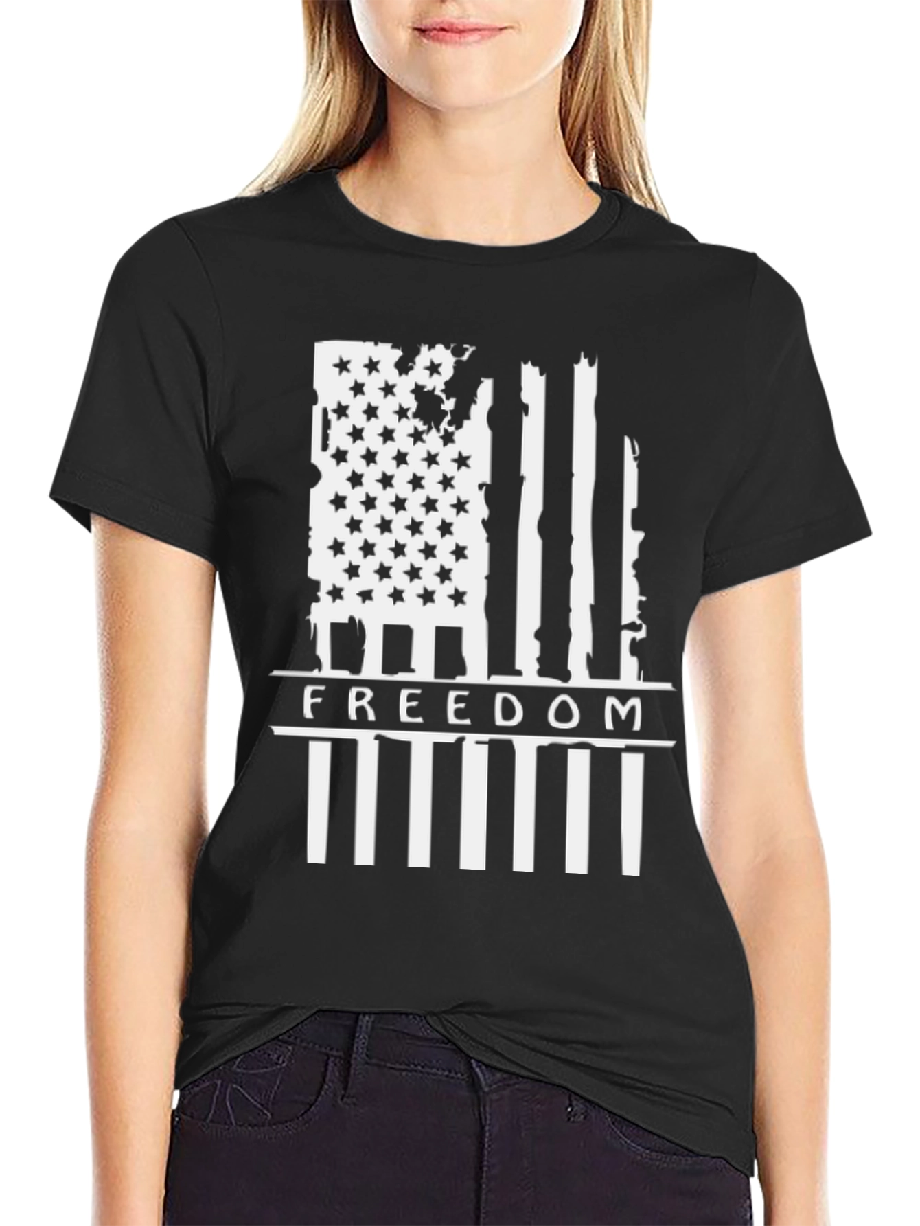 Distressed American Flag Freedom Graphic Tee - Black