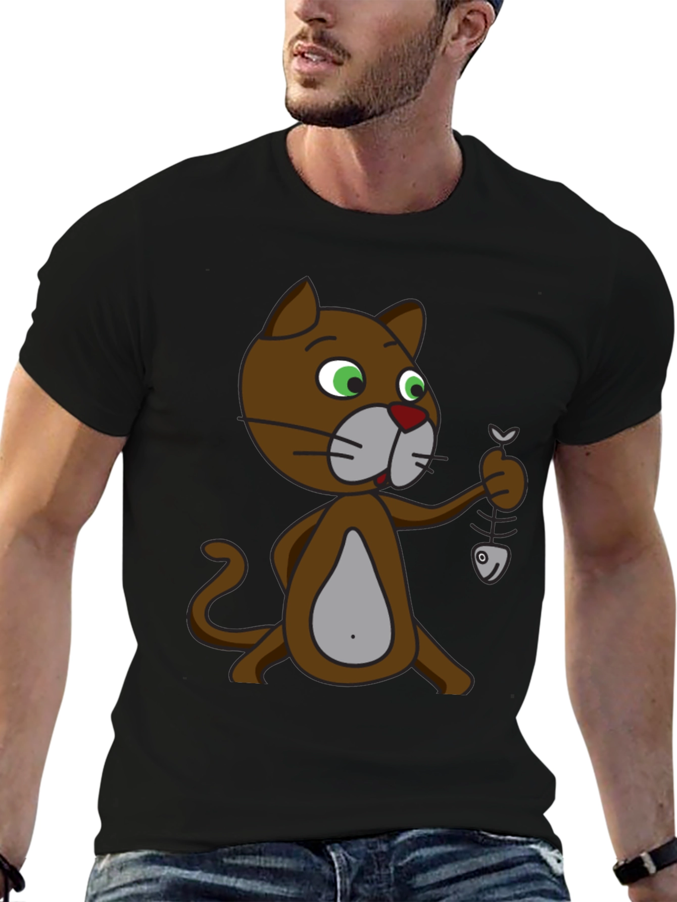 Cartoon Cat with Fish Skeleton T-Shirt