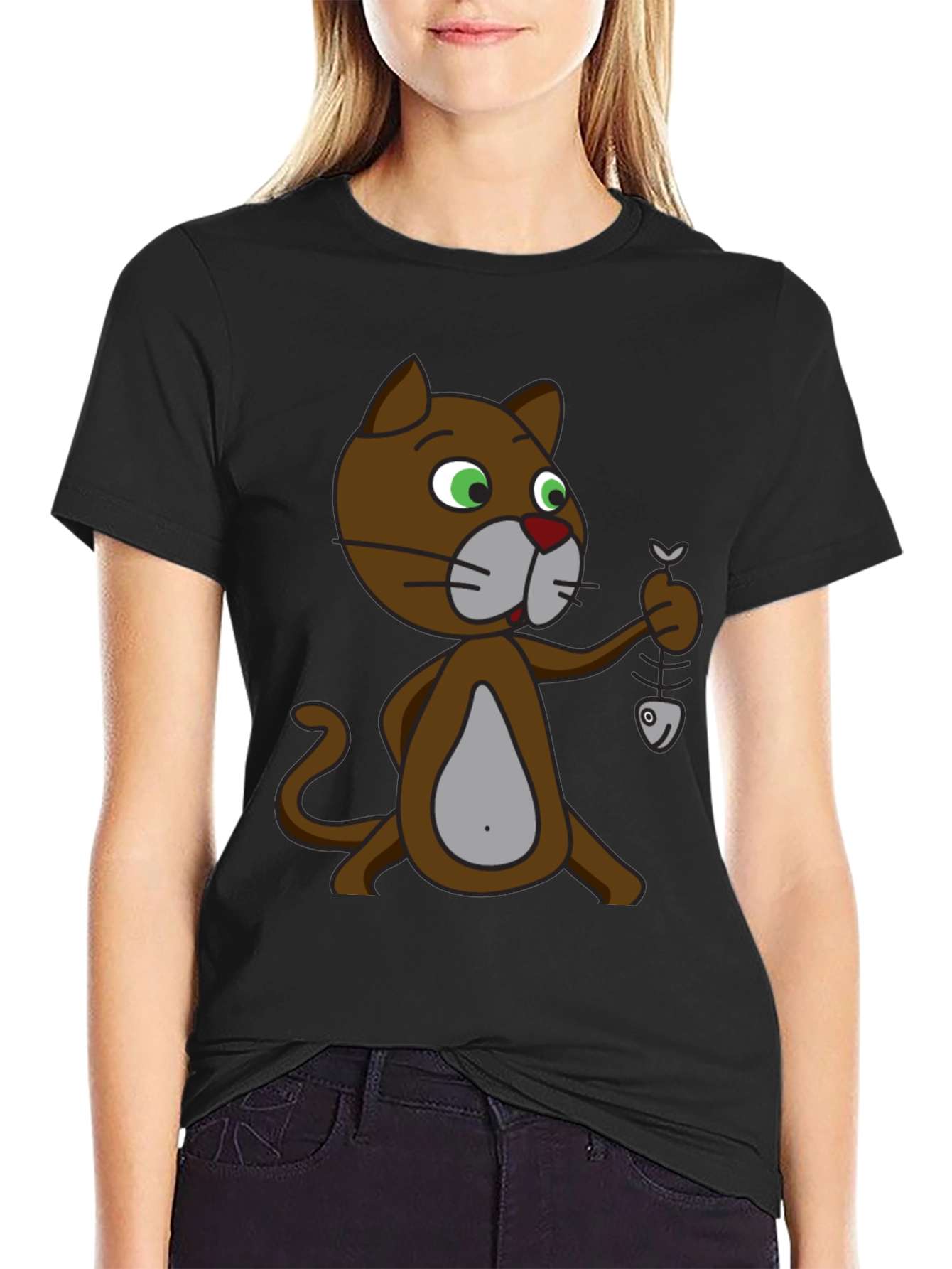 Cartoon Cat with Fish Skeleton T-Shirt