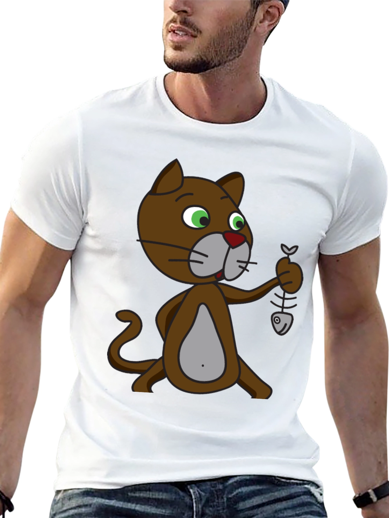 Cartoon Cat with Fish Skeleton T-Shirt