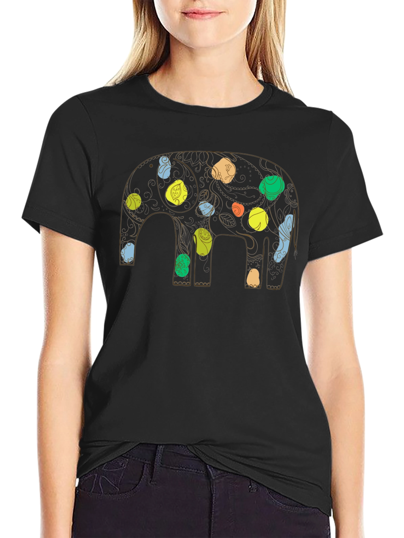 Elephant Art Print Black Graphic Tee