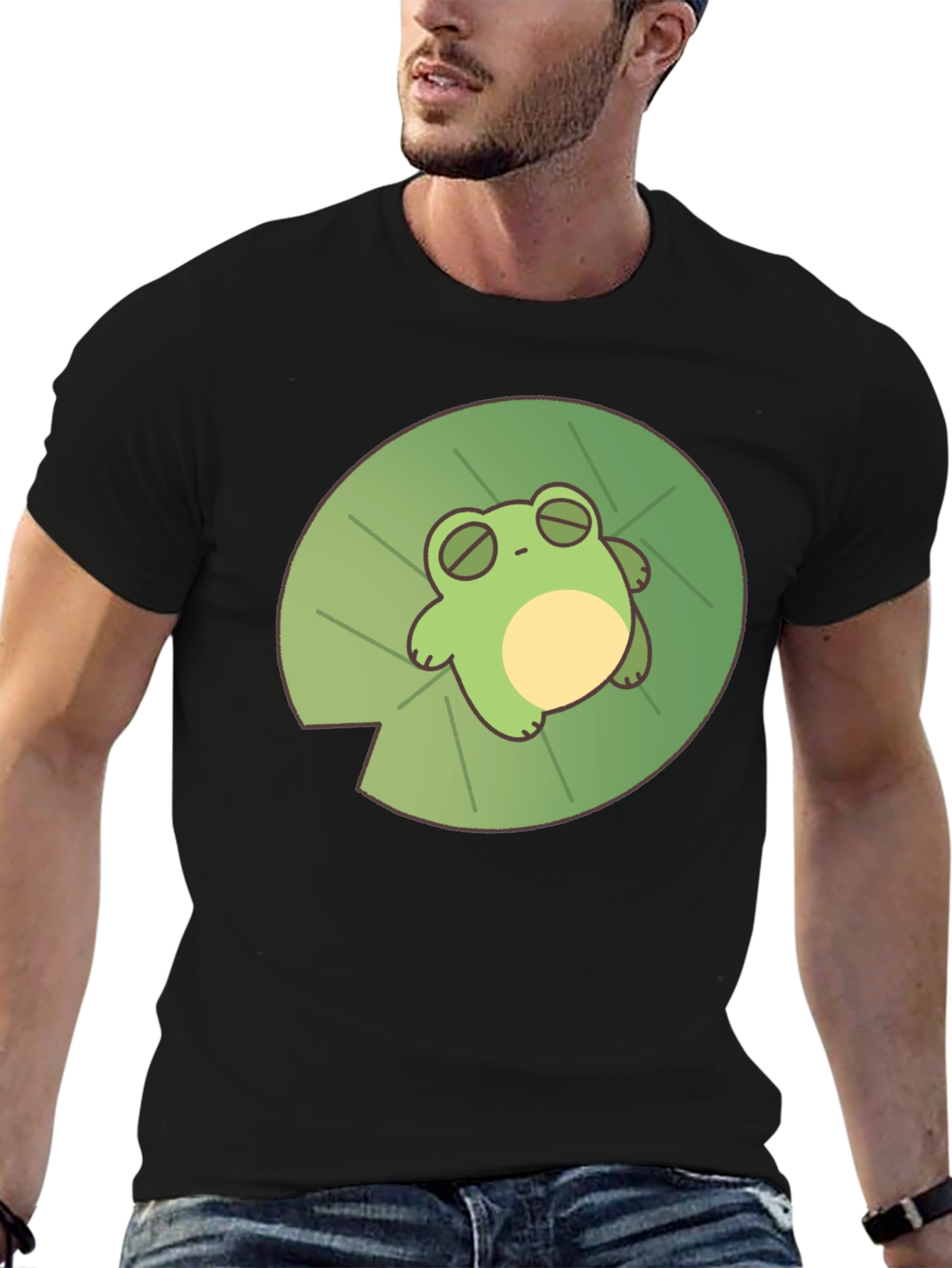 Frog on Lily Pad Black T-Shirt