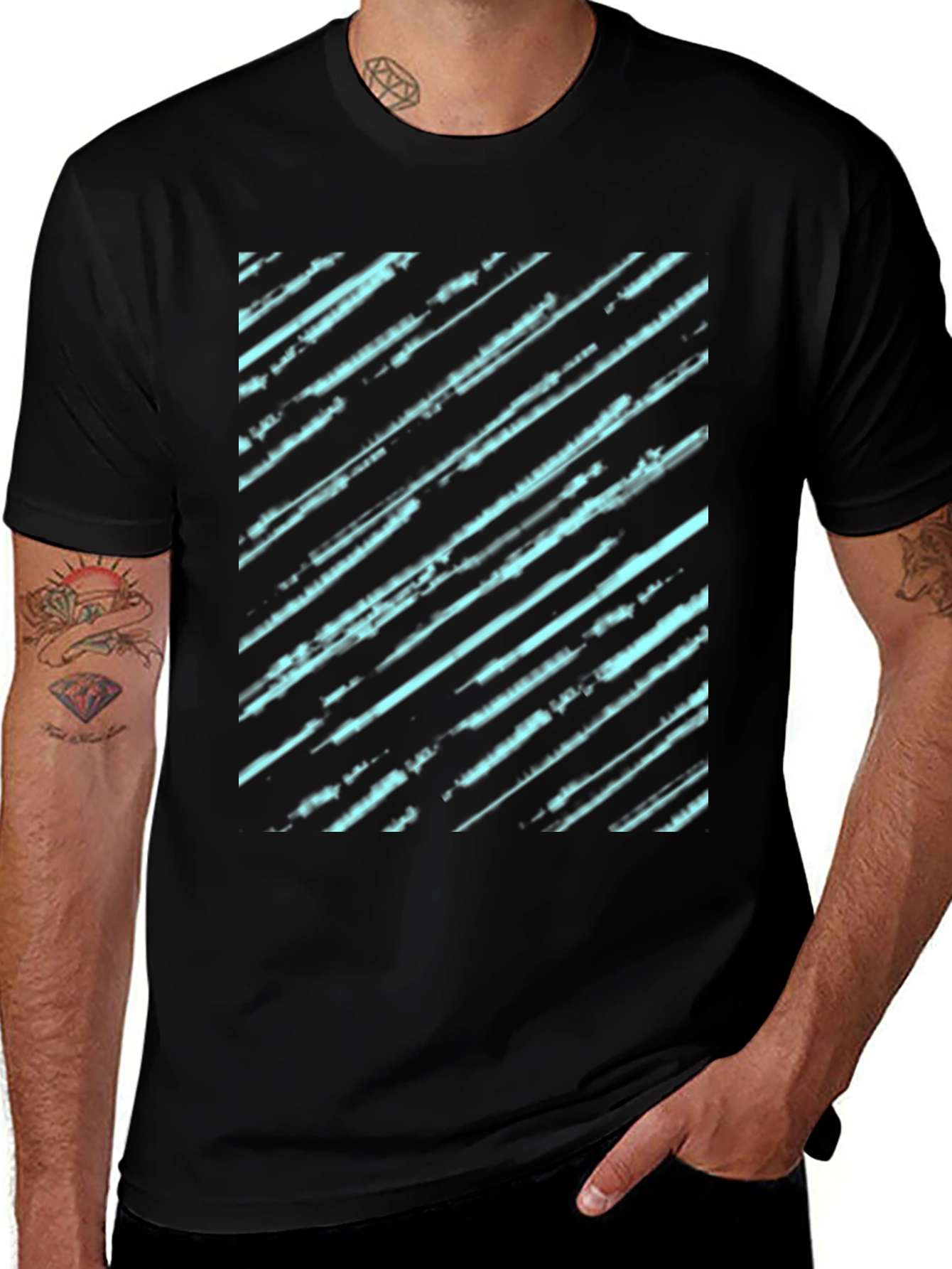 Mens Black T-Shirt with Abstract Teal Lines