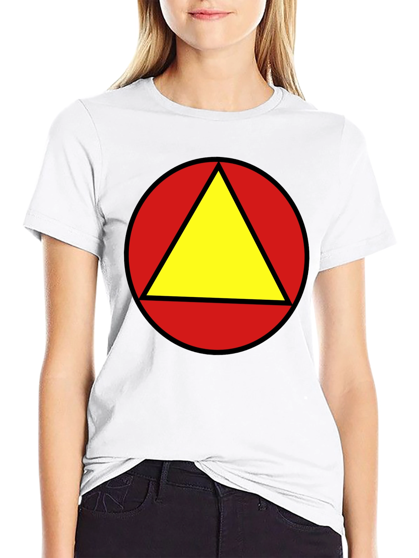Red Circle Yellow Triangle Graphic Black T-Shirt