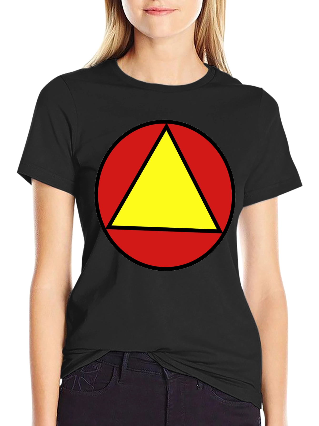 Red Circle Yellow Triangle Graphic Black T-Shirt