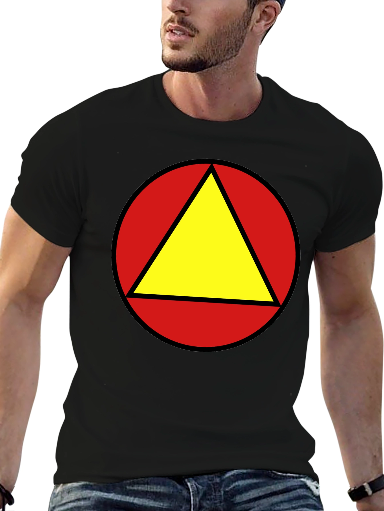 Red Circle Yellow Triangle Graphic Black T-Shirt