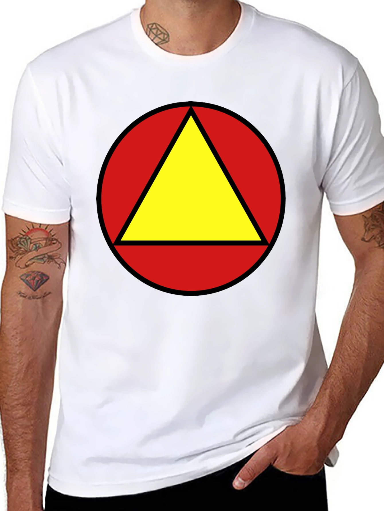 Red Circle Yellow Triangle Graphic Black T-Shirt
