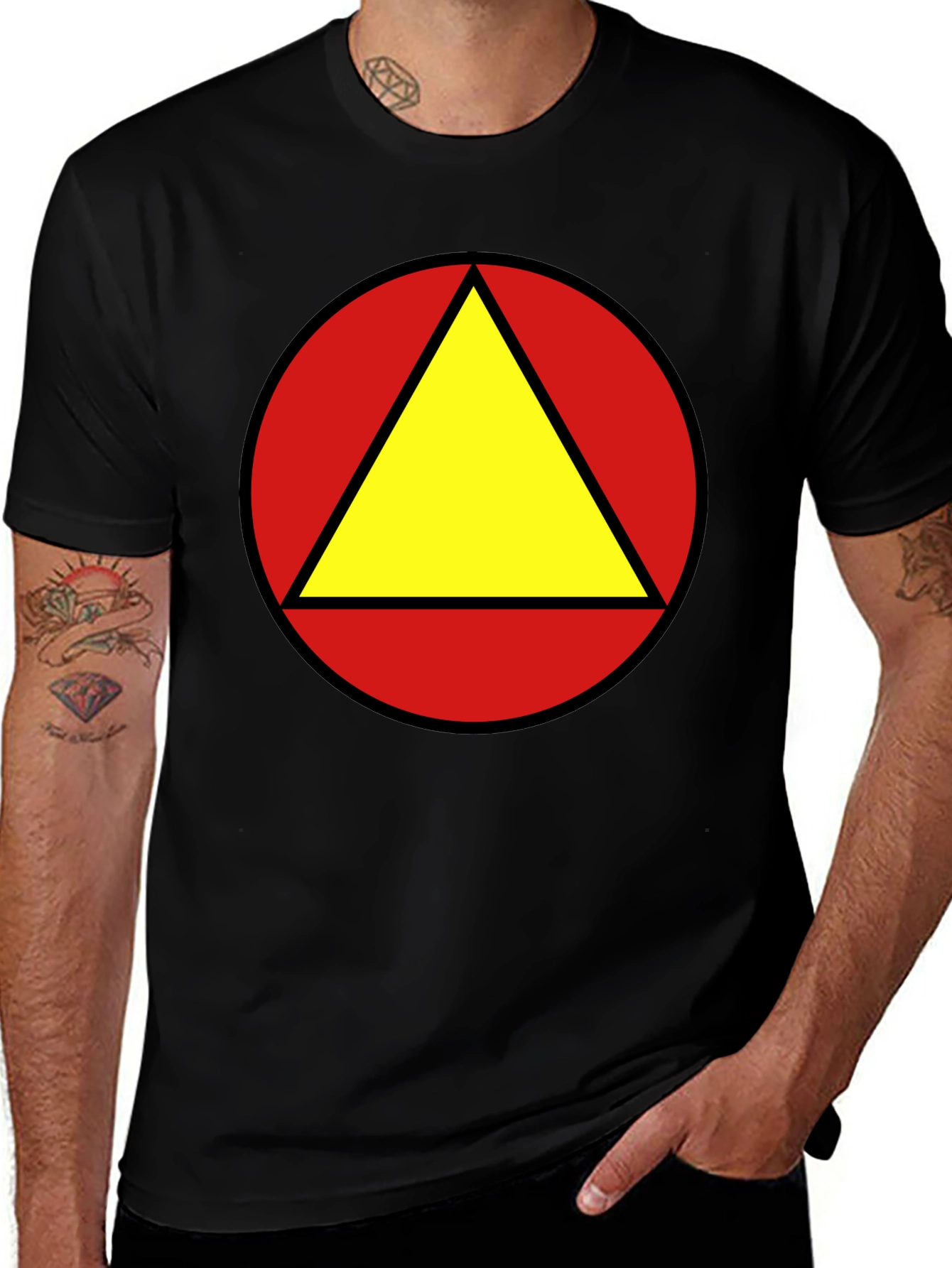 Red Circle Yellow Triangle Graphic Black T-Shirt