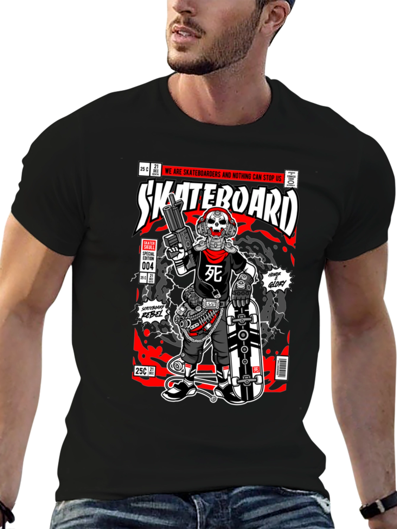 Skateboard Skull Comic Graphic Tee