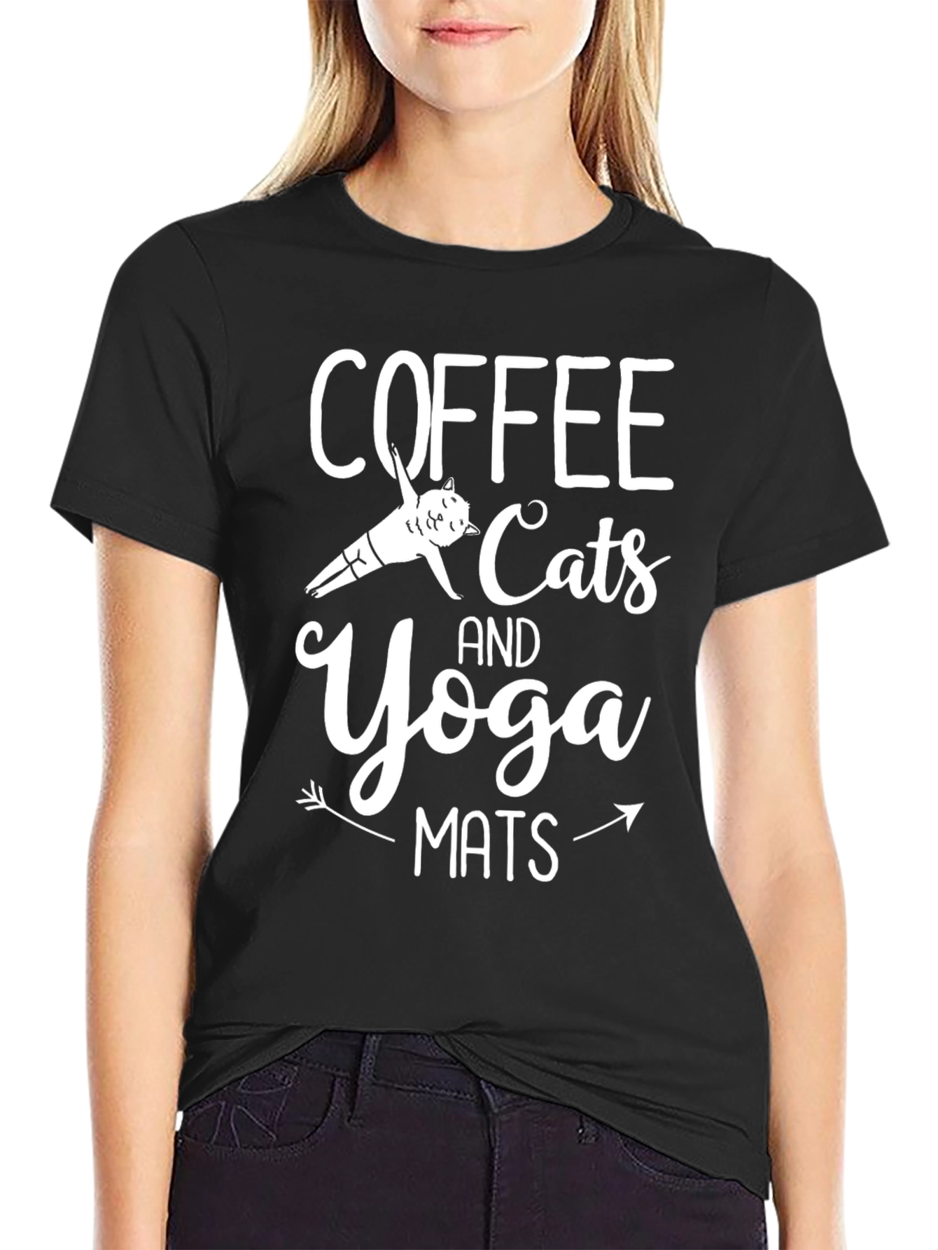Coffee Cats Yoga Mats Black Graphic Tee Shirt