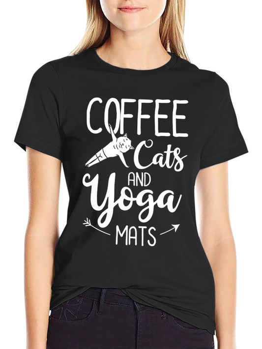 Coffee Cats Yoga Mats Black Graphic Tee Shirt