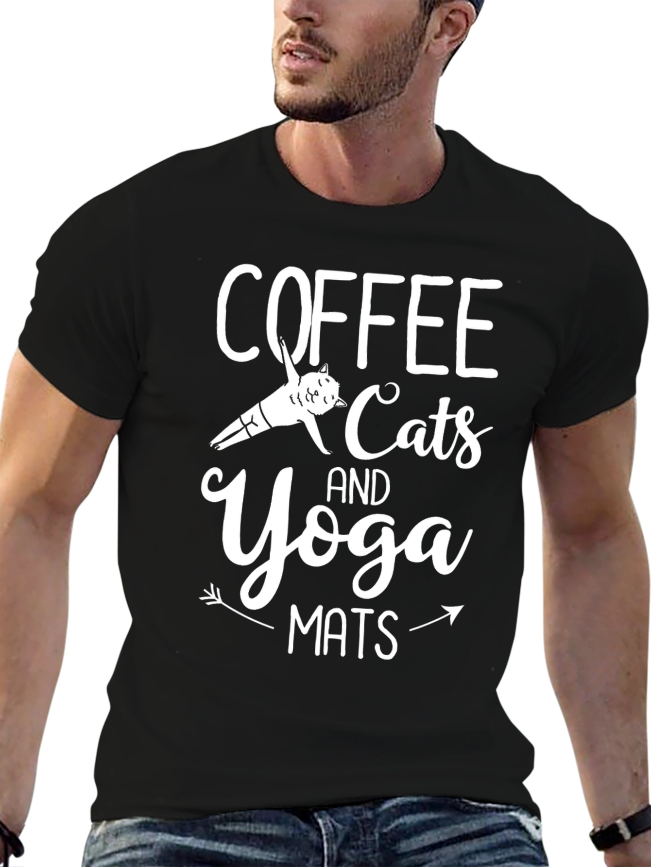 Coffee Cats Yoga Mats Black Graphic Tee Shirt