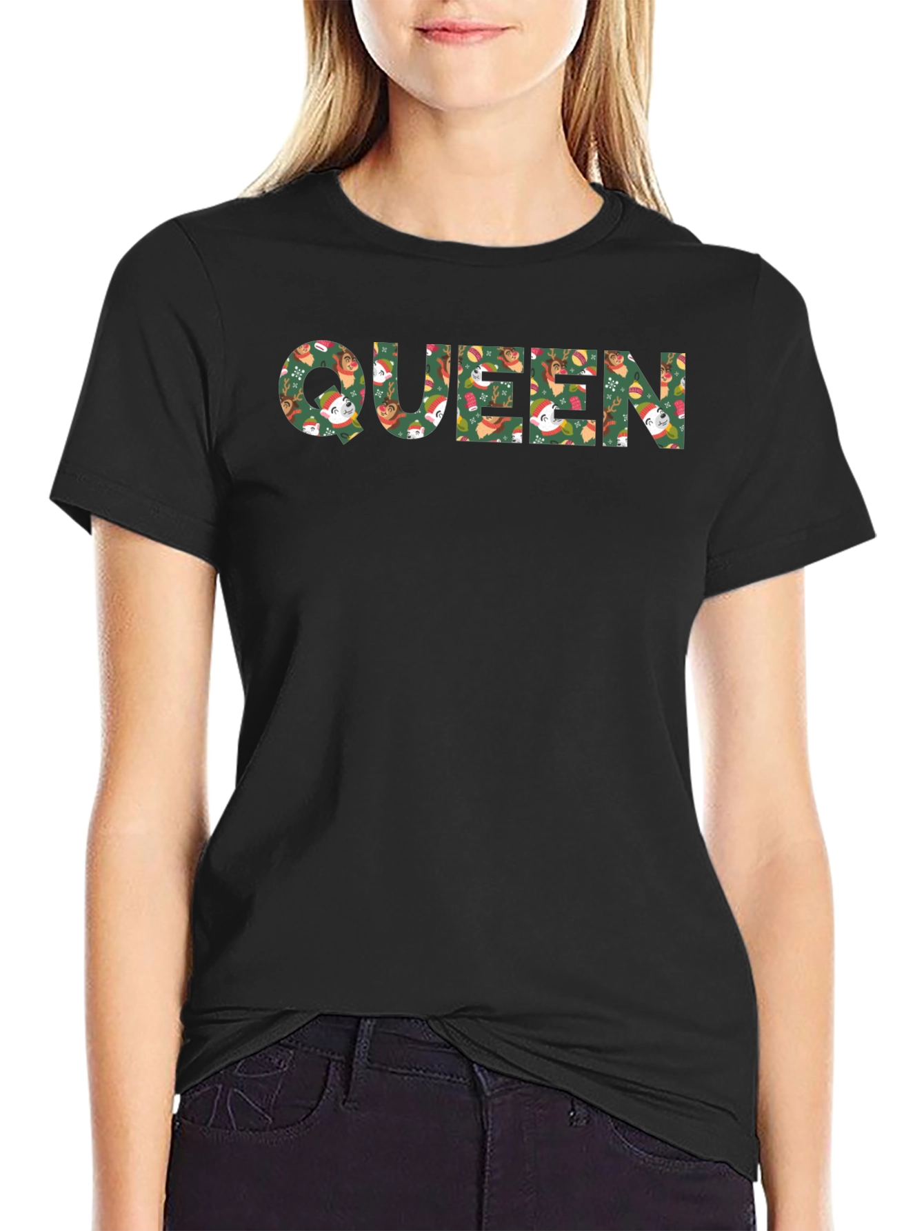 Queen Christmas Sloth Patterned Black T-Shirt