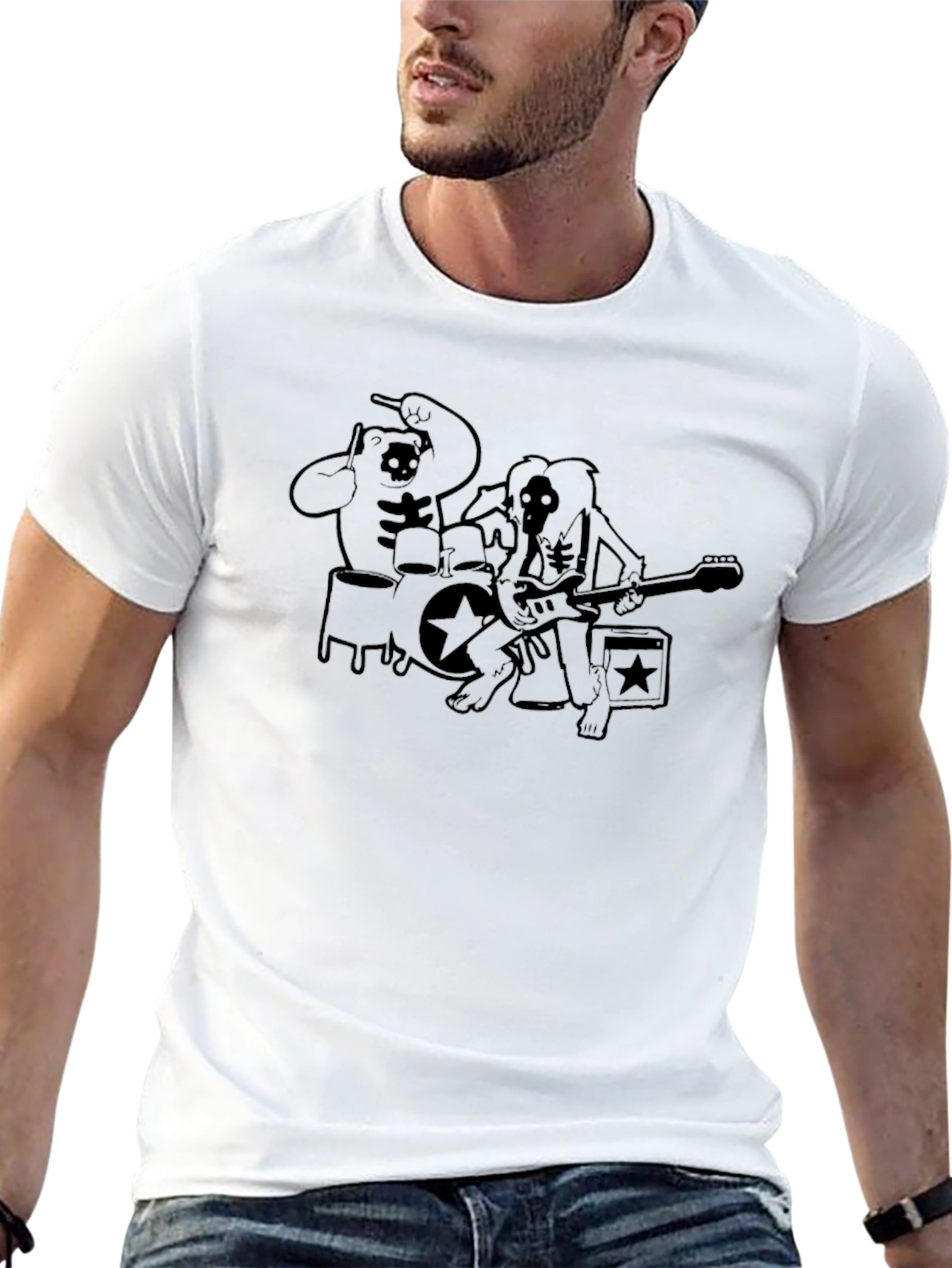 Cartoon Rock Band Graphic Print Black T-Shirt