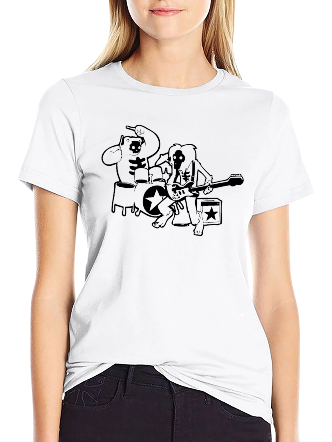 Cartoon Rock Band Graphic Print Black T-Shirt