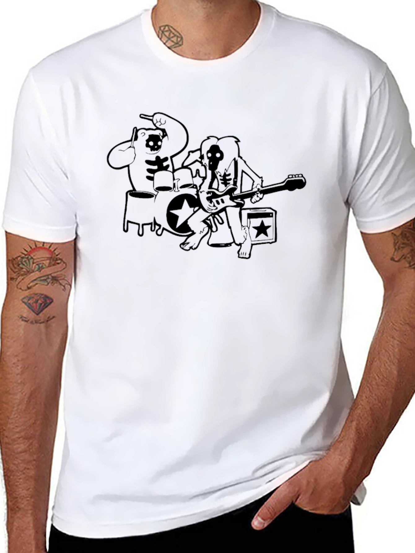 Cartoon Rock Band Graphic Print Black T-Shirt