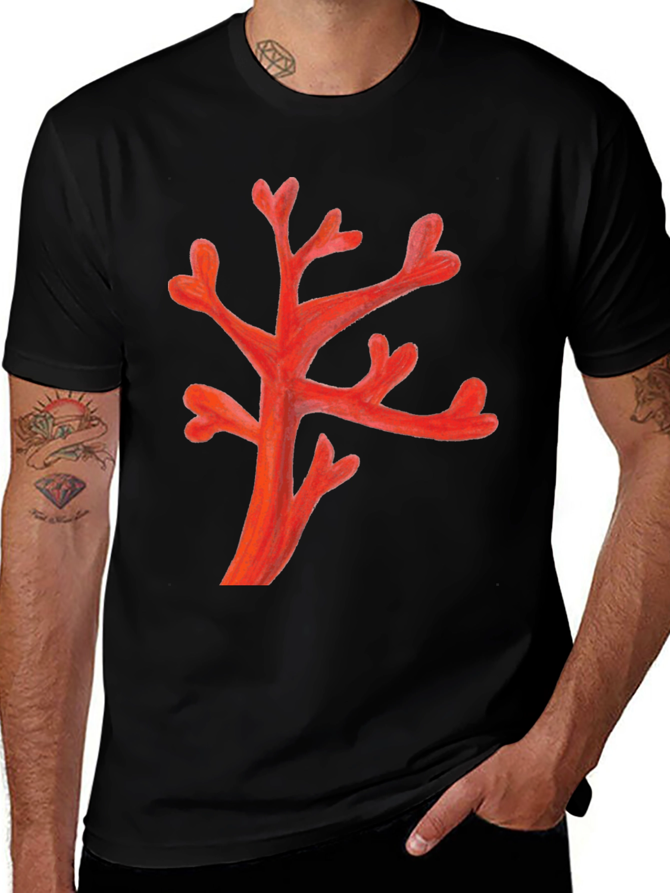Red Coral Branch Black T-Shirt