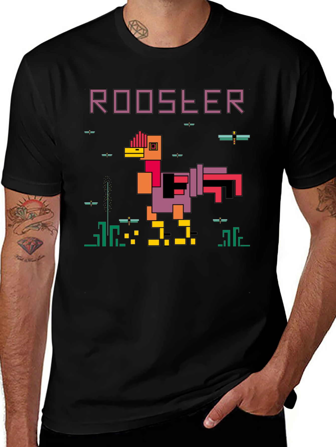 Retro 8-Bit Rooster Graphic T-Shirt
