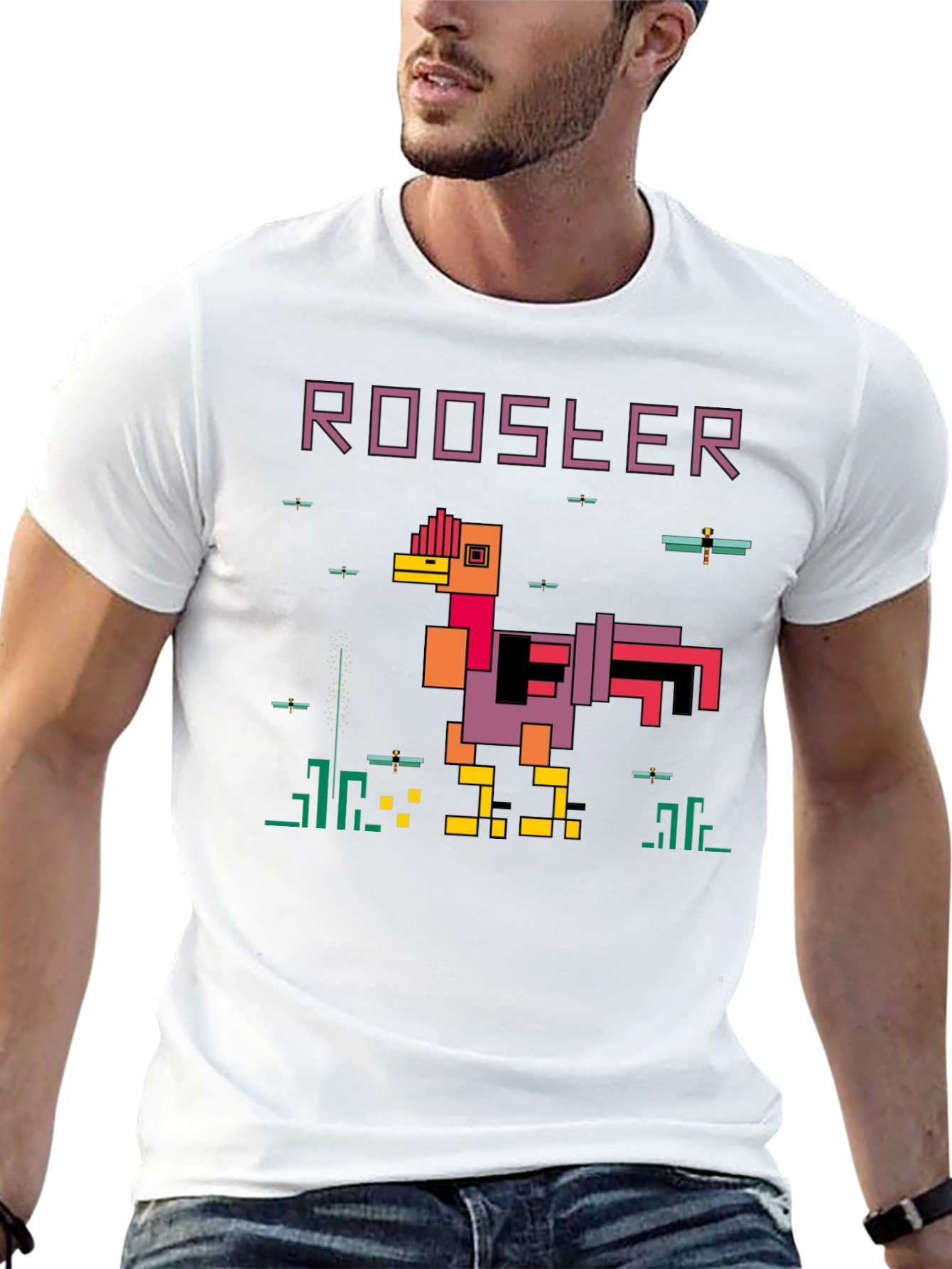 Retro 8-Bit Rooster Graphic T-Shirt