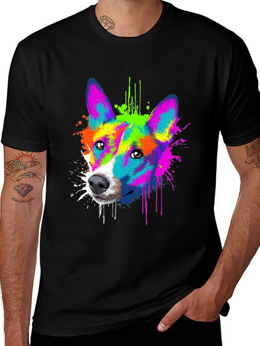 Colorful Dog Graphic Tee - Black Cotton T-Shirt