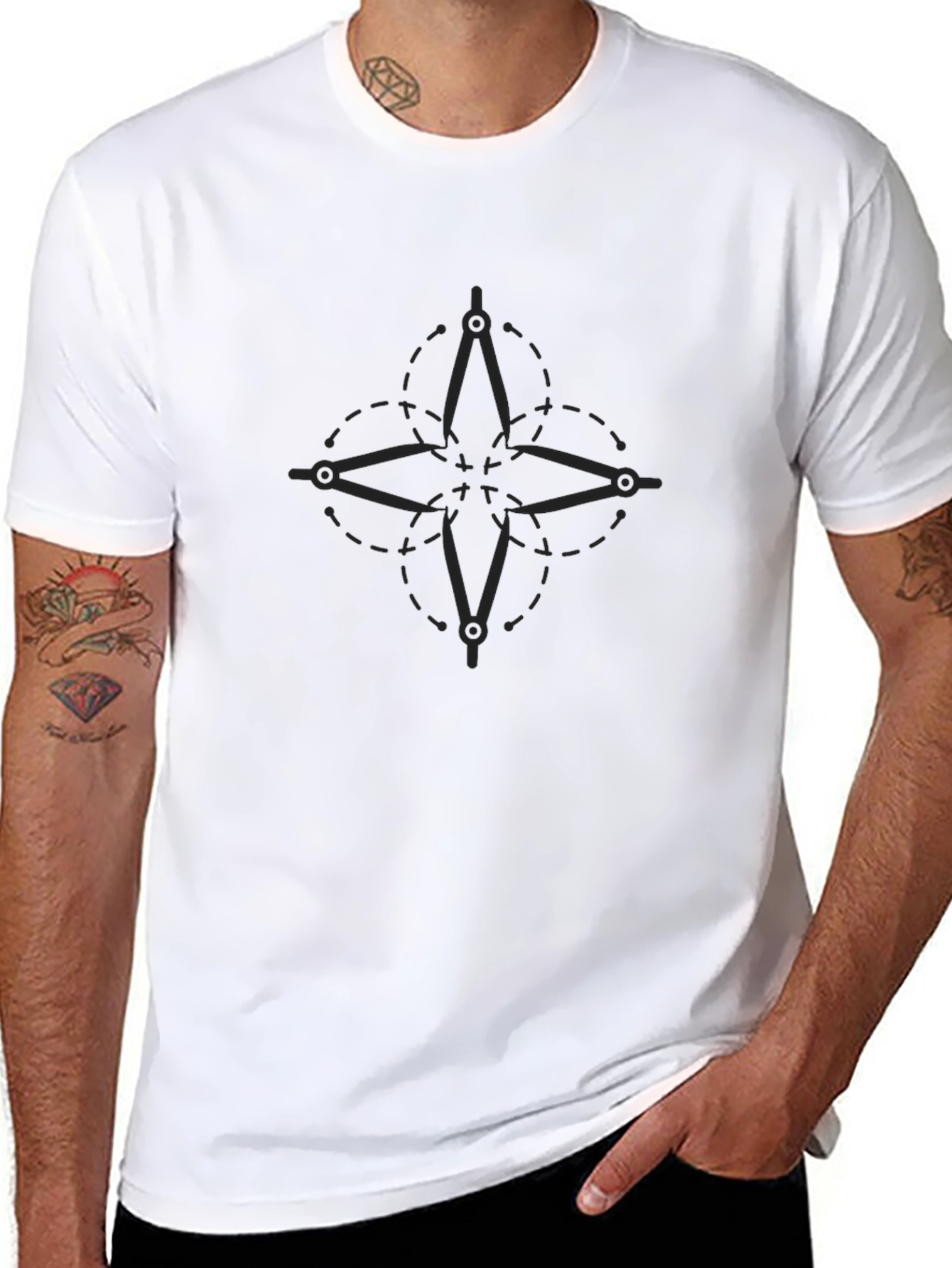 Geometric Compass Rose Graphic Tee - Black