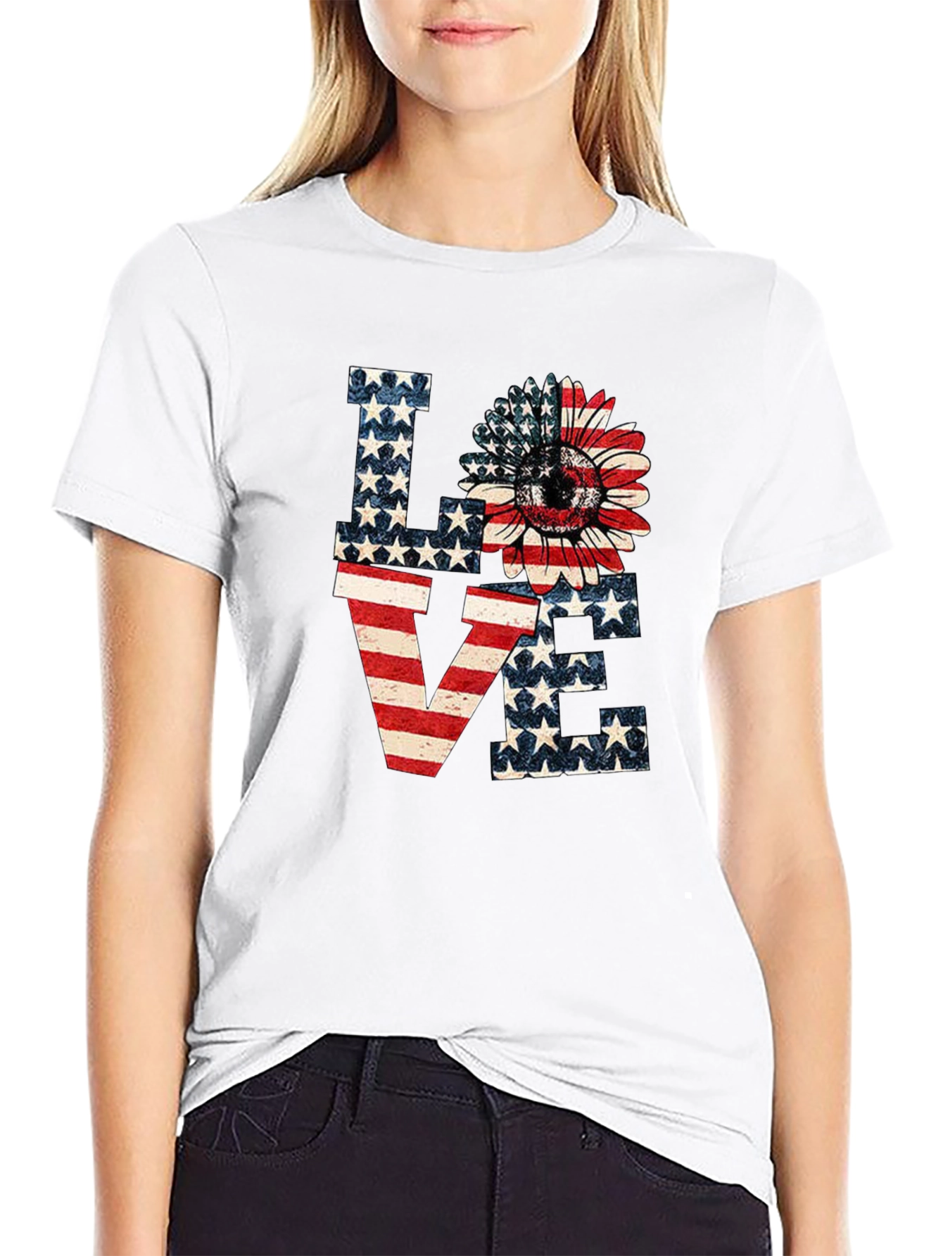 Patriotic LOVE T-Shirt: Sunflower American Flag Design