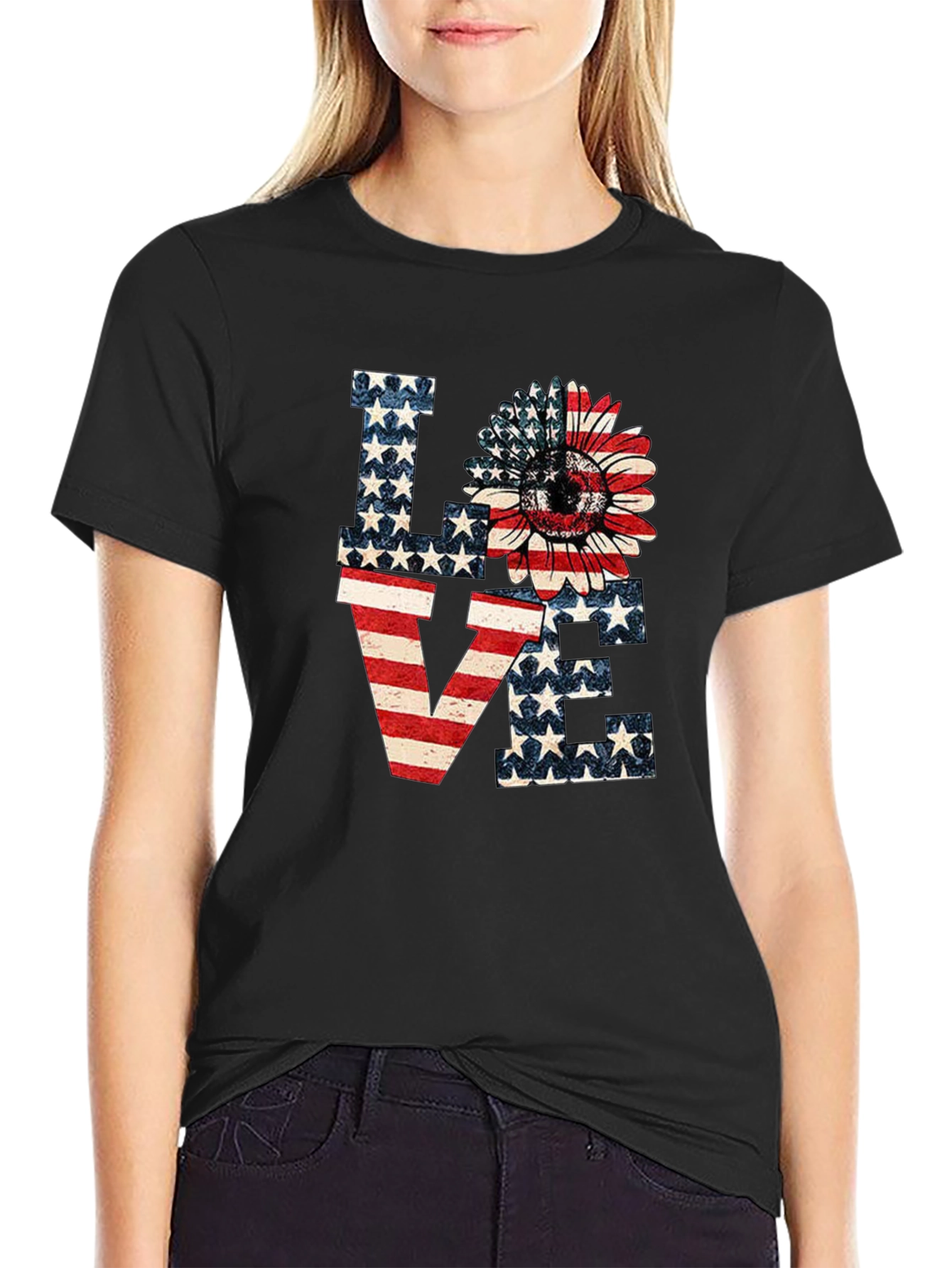 Patriotic LOVE T-Shirt: Sunflower American Flag Design