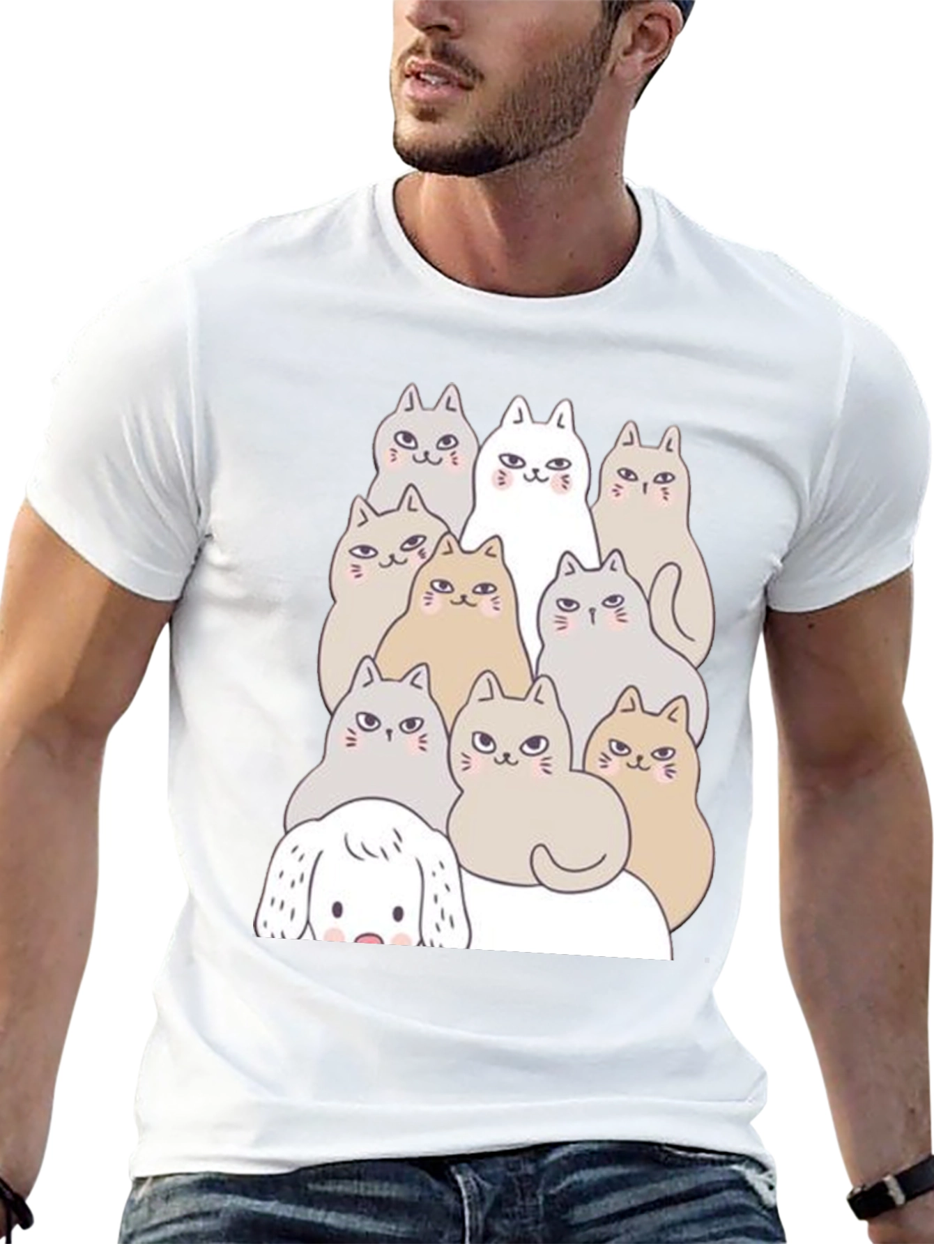 Cute Cartoon Cats & Dog Black T-Shirt