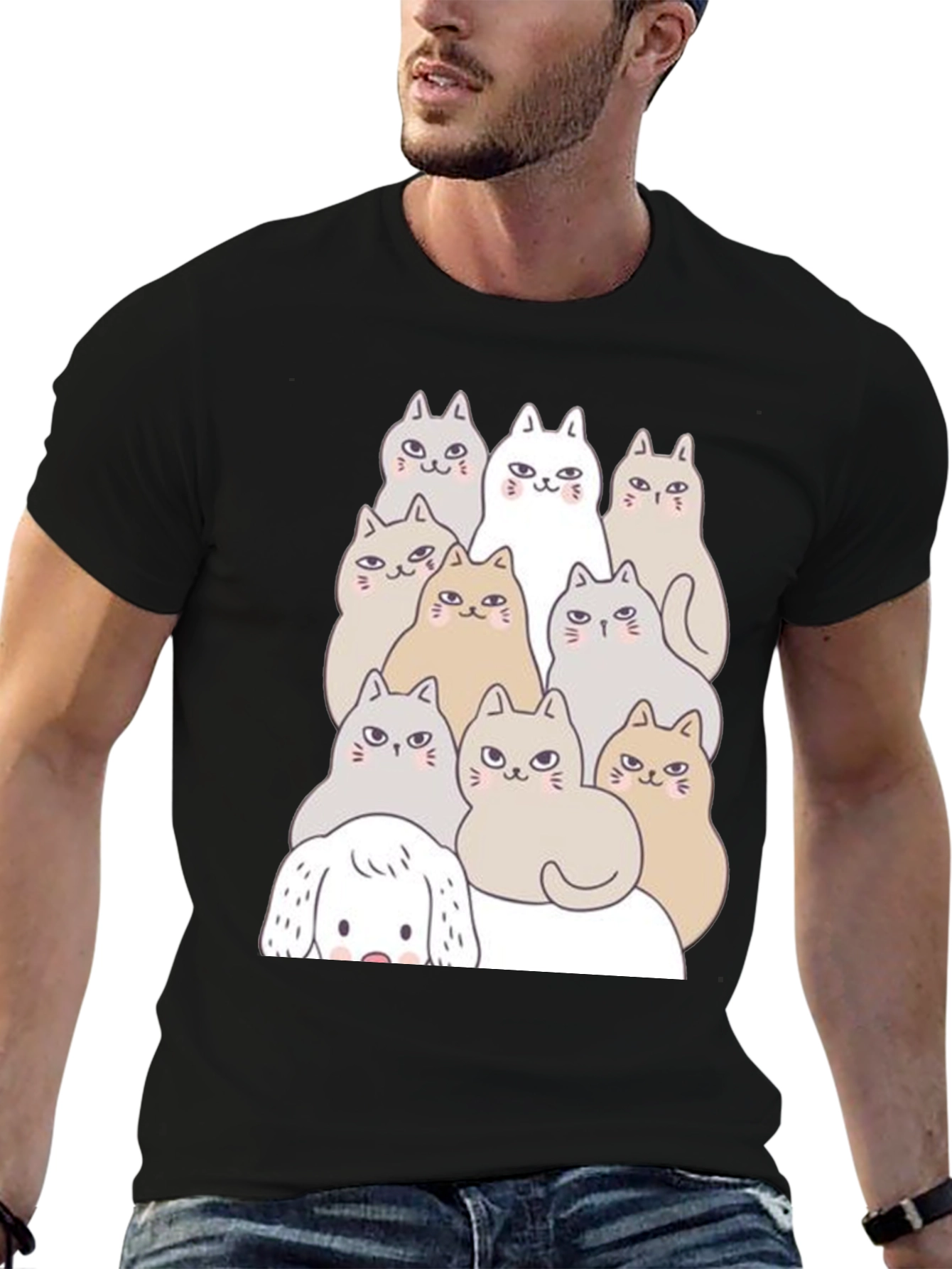 Cute Cartoon Cats & Dog Black T-Shirt