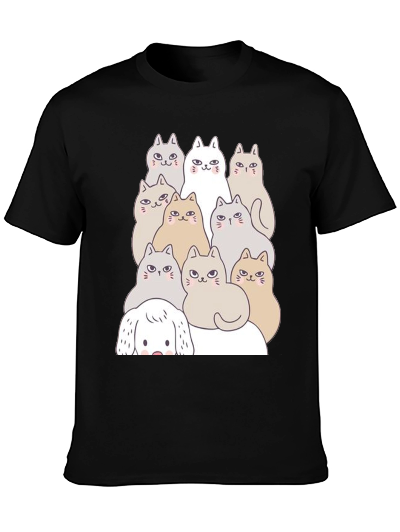 Cute Cartoon Cats & Dog Black T-Shirt