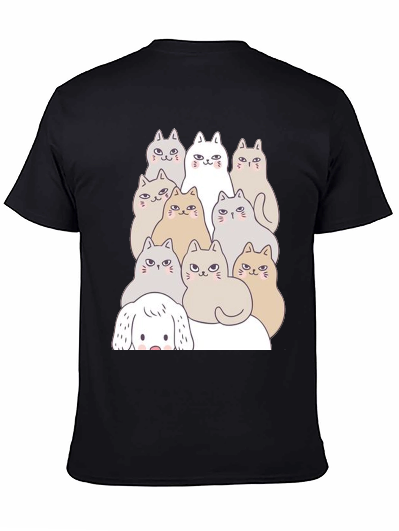Cute Cartoon Cats & Dog Black T-Shirt