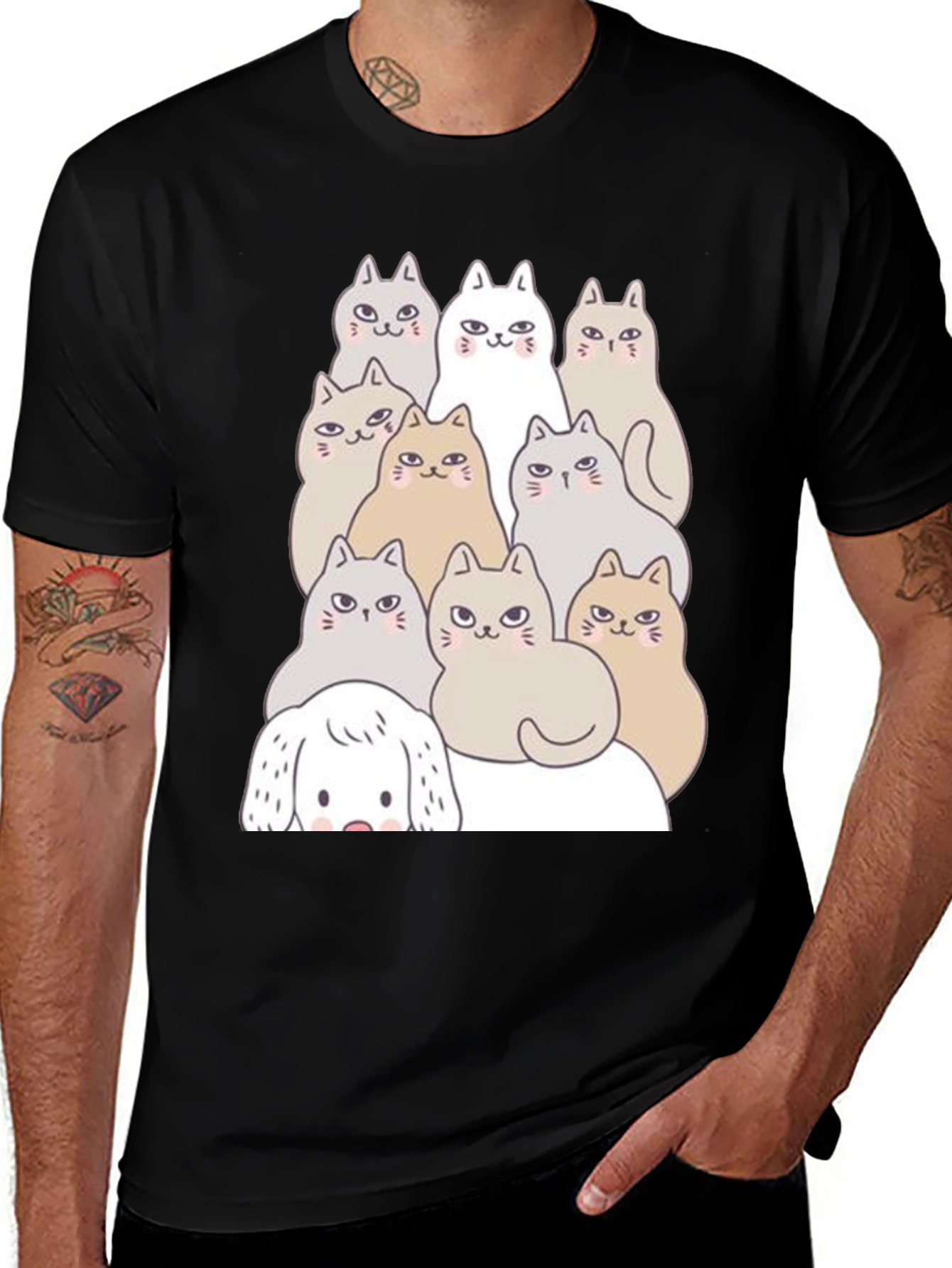 Cute Cartoon Cats & Dog Black T-Shirt