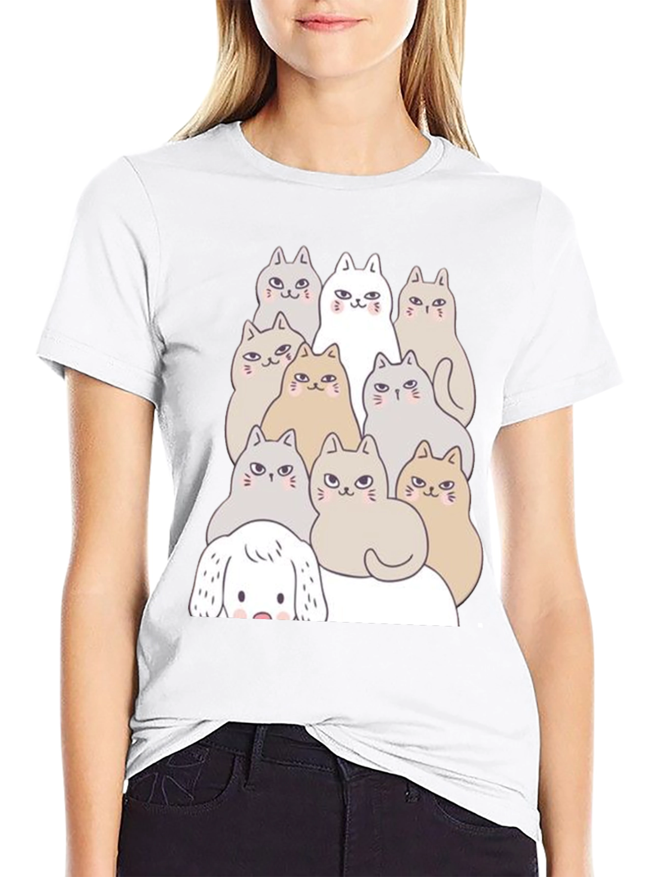 Cute Cartoon Cats & Dog Black T-Shirt