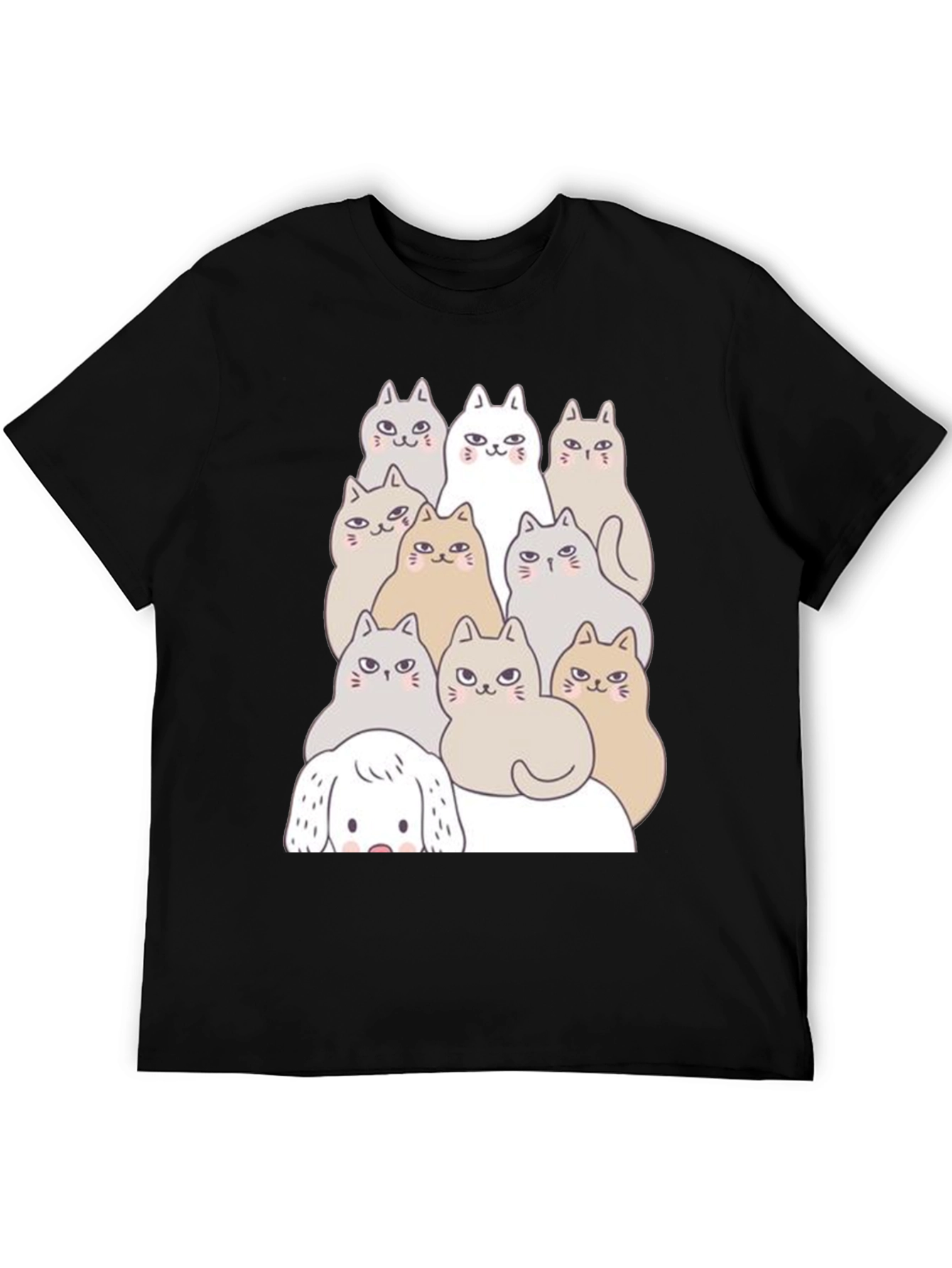 Cute Cartoon Cats & Dog Black T-Shirt