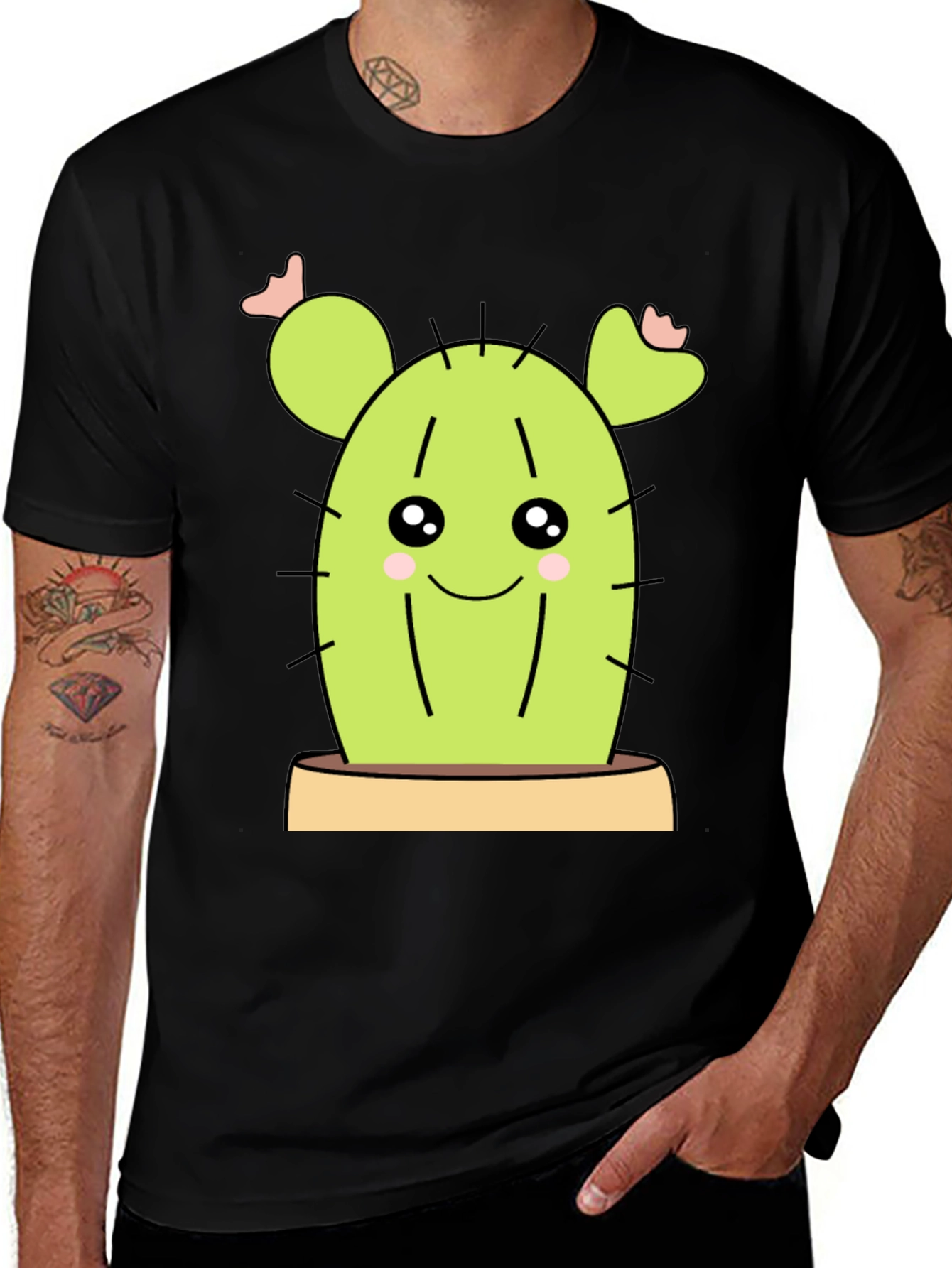 Cute Cactus Graphic Tee - Black Cotton Shirt