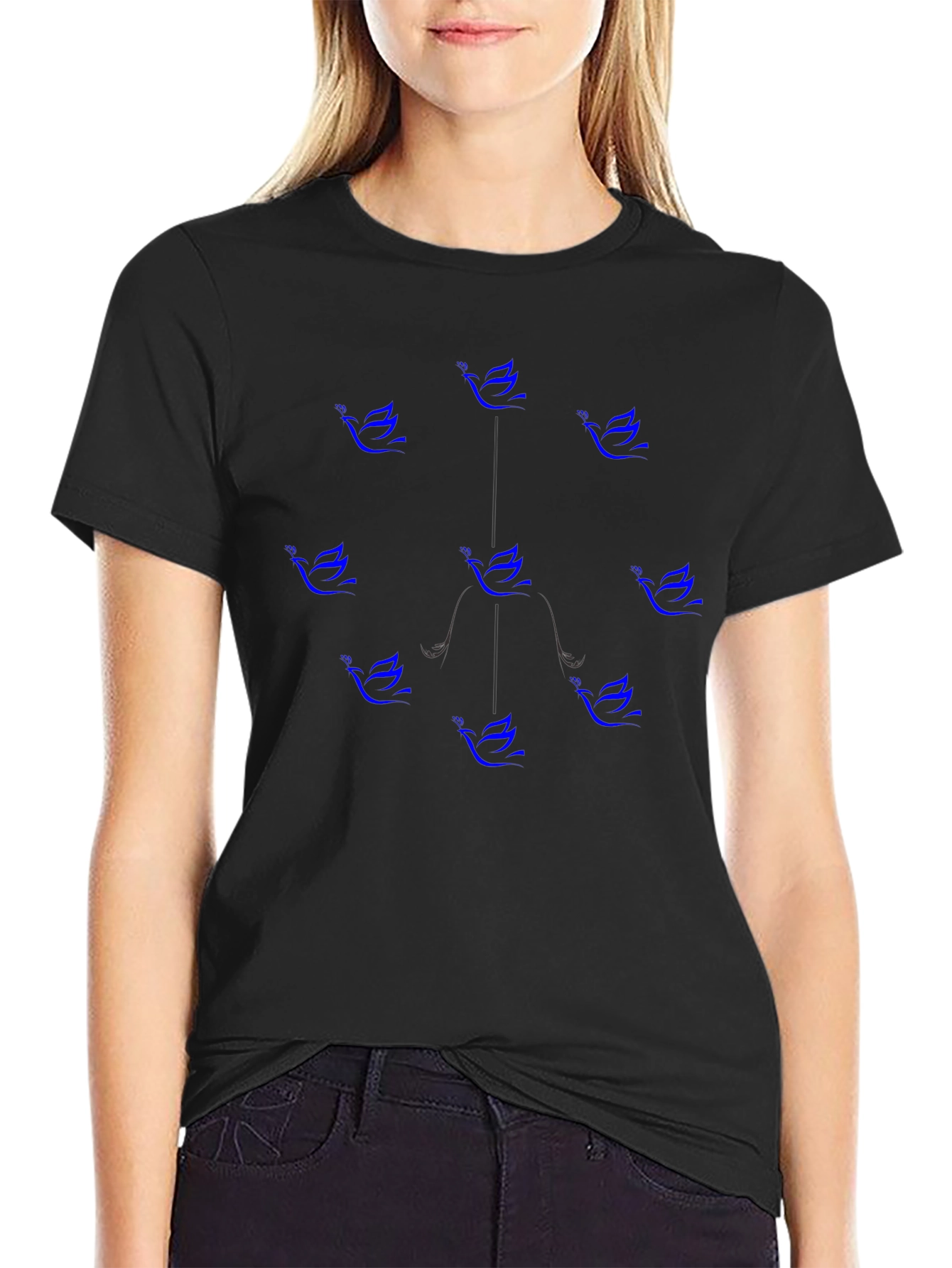 Blue Bird Pattern Black Cotton T-Shirt