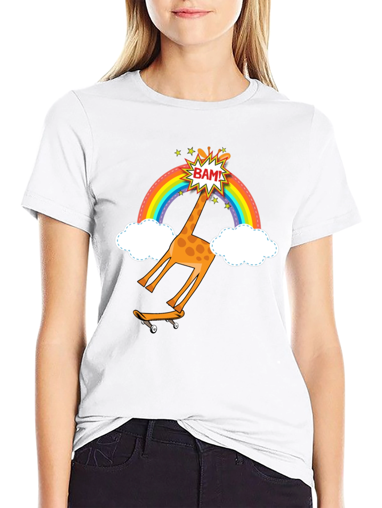 Skateboarding Giraffe Rainbow Graphic T-Shirt