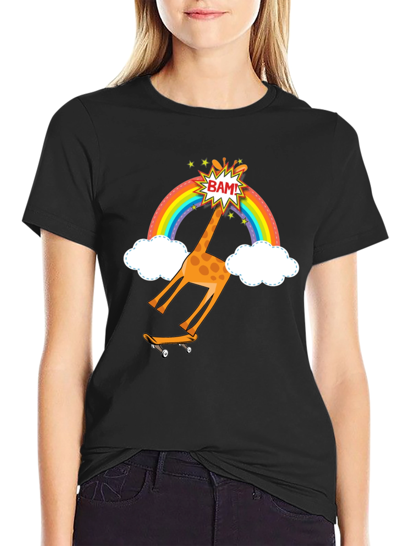Skateboarding Giraffe Rainbow Graphic T-Shirt