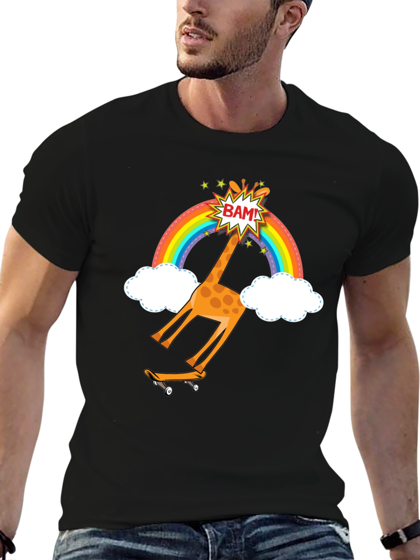 Skateboarding Giraffe Rainbow Graphic T-Shirt