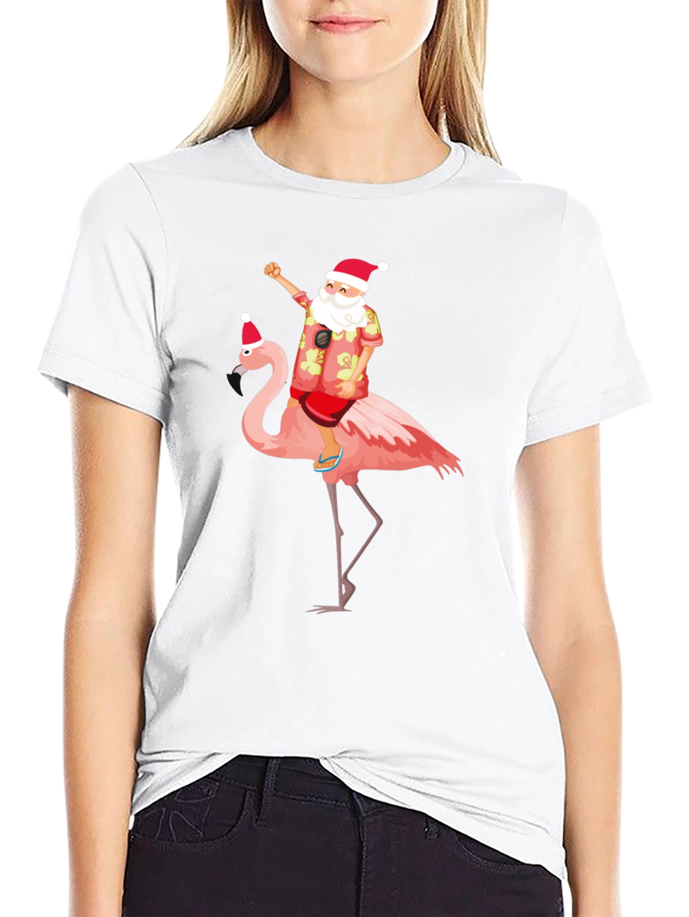 Santa Riding Flamingo Graphic T-Shirt