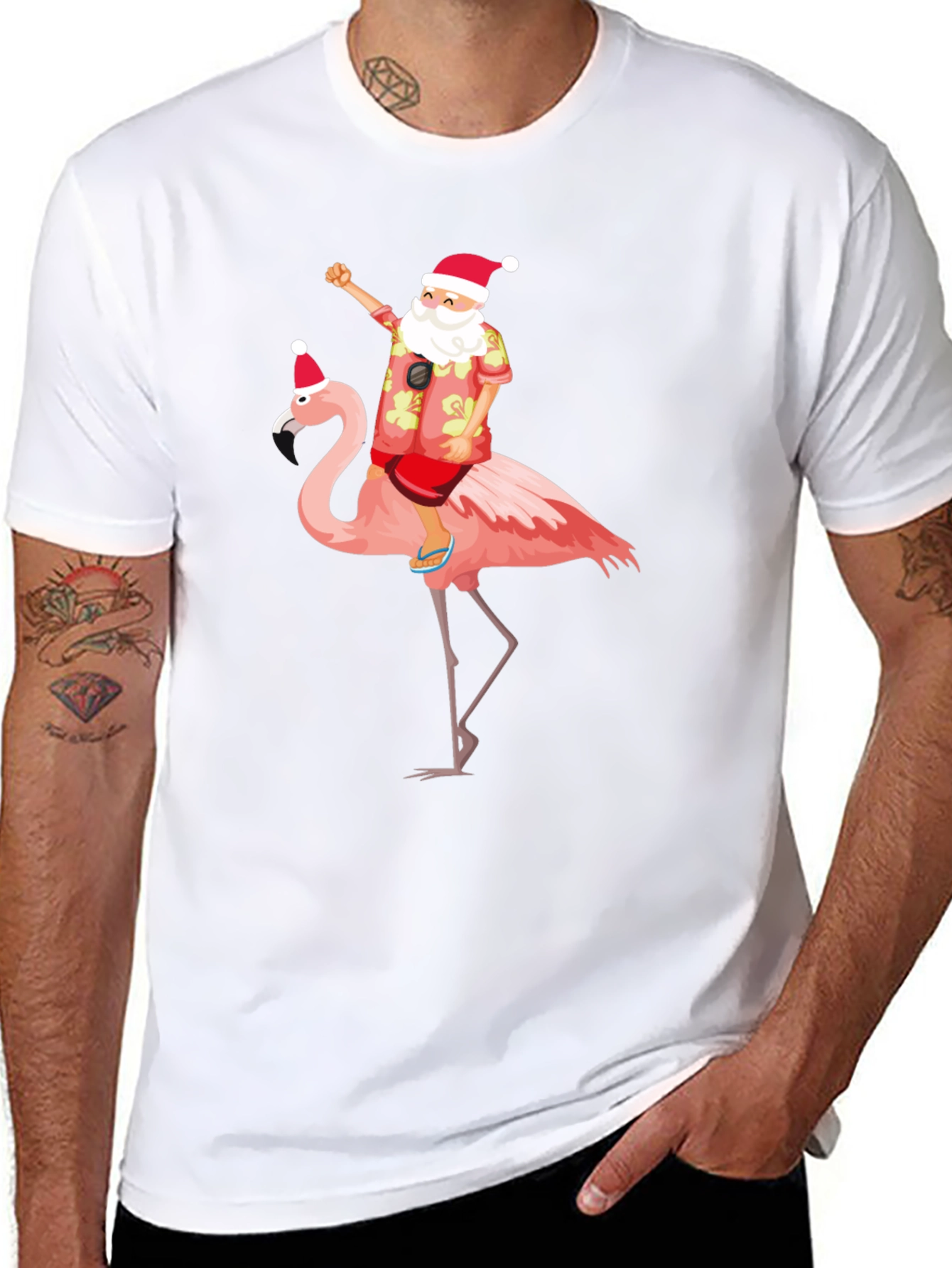 Santa Riding Flamingo Graphic T-Shirt