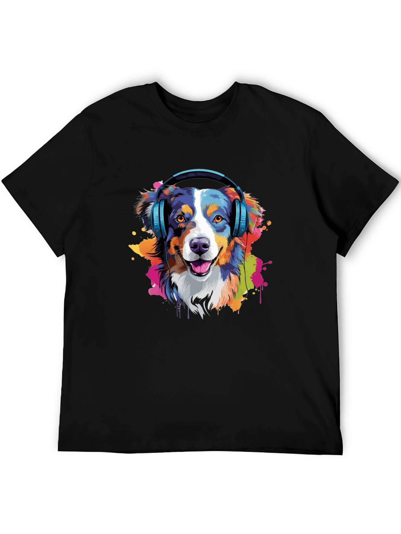 Dog with Headphones Black T-Shirt
