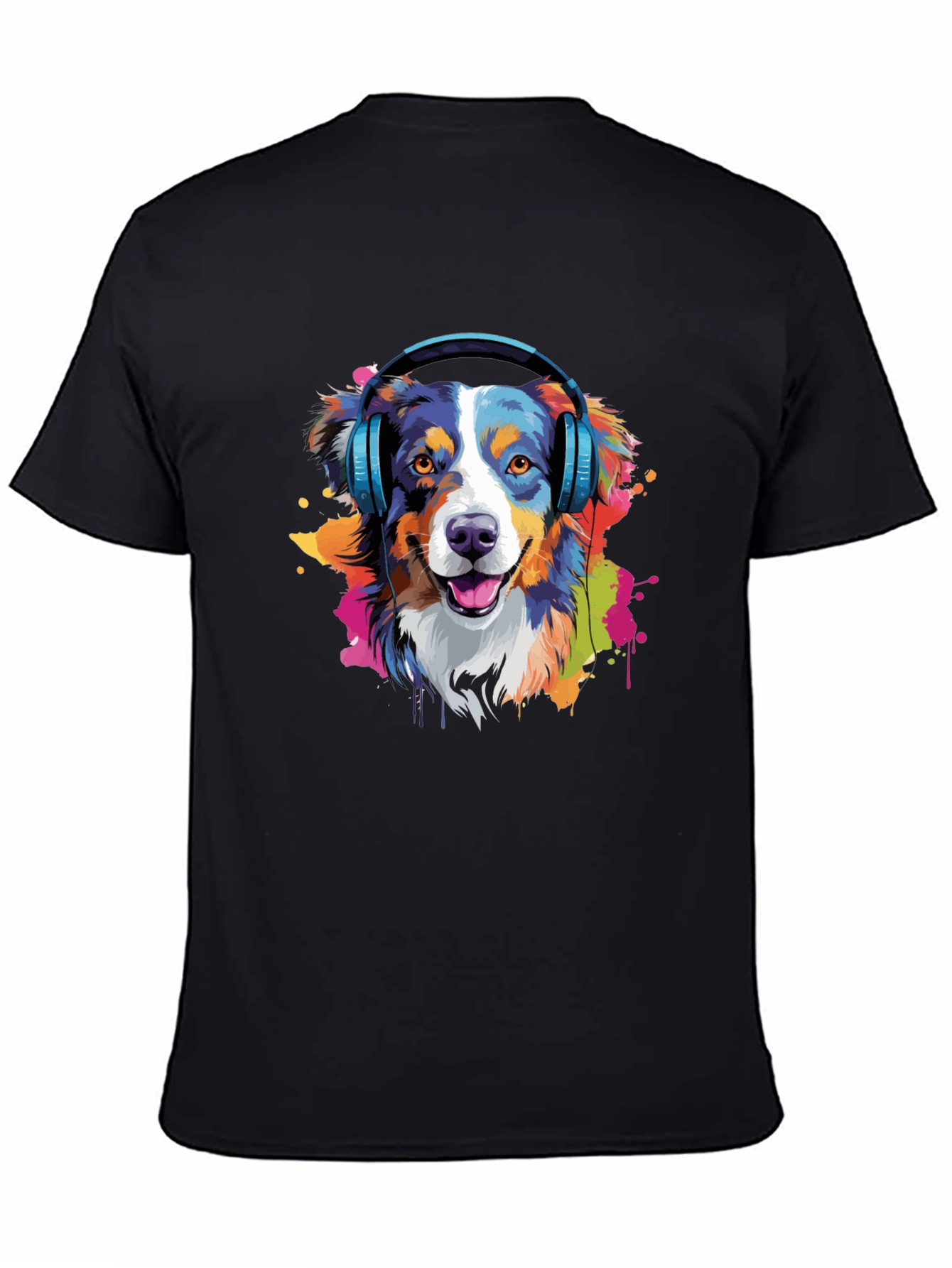 Dog with Headphones Black T-Shirt