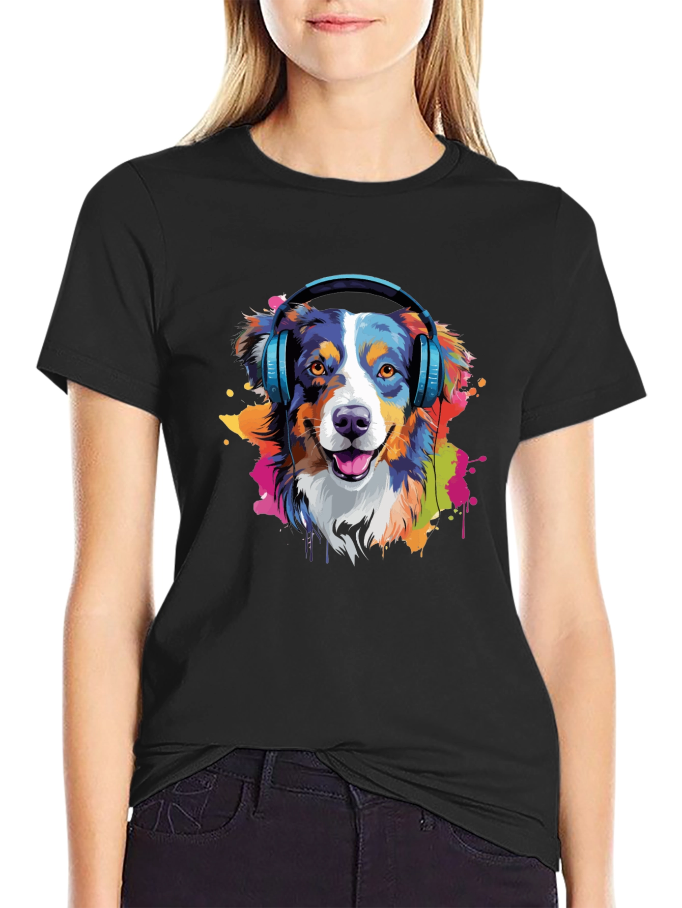 Dog with Headphones Black T-Shirt
