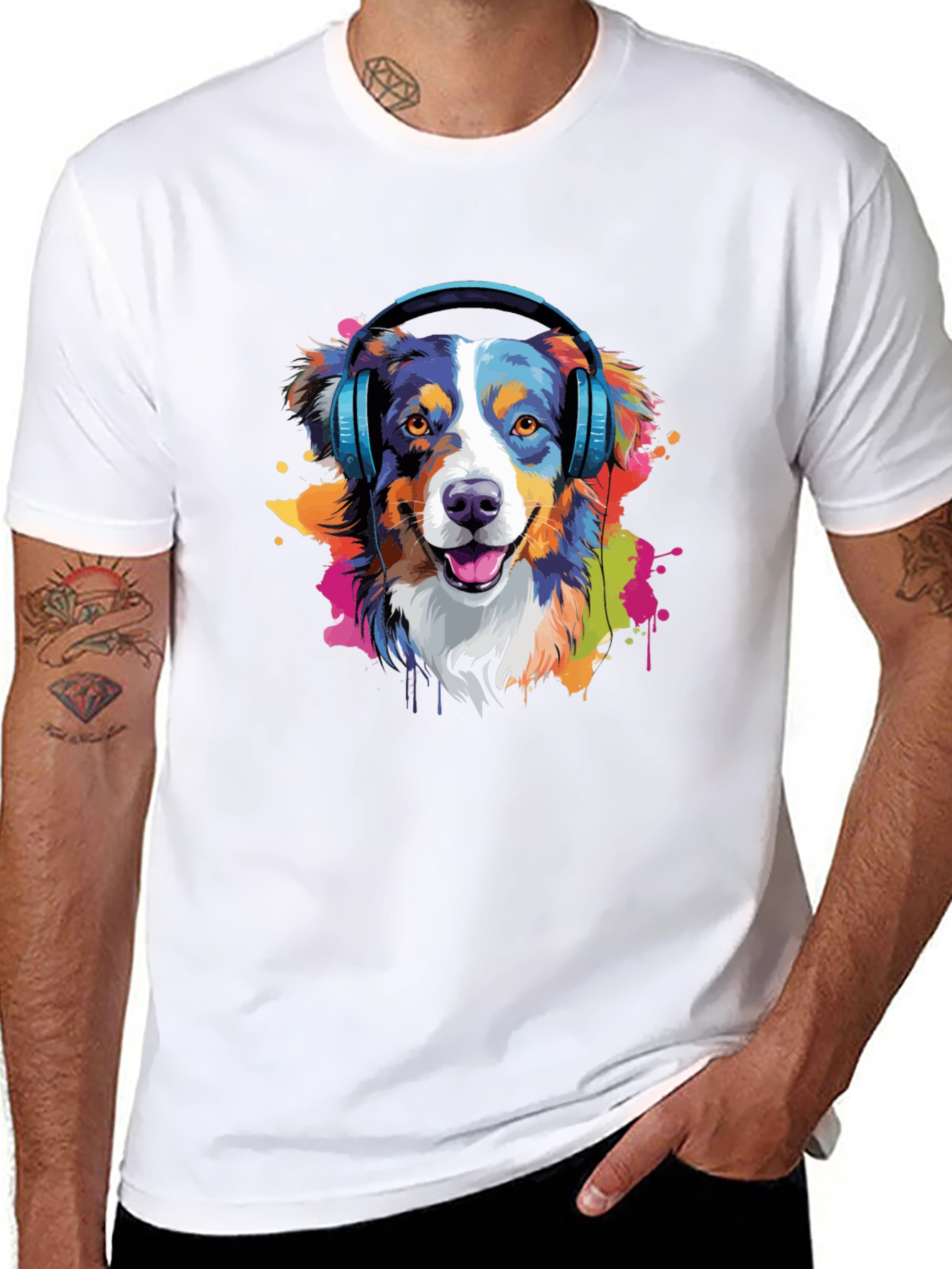 Dog with Headphones Black T-Shirt