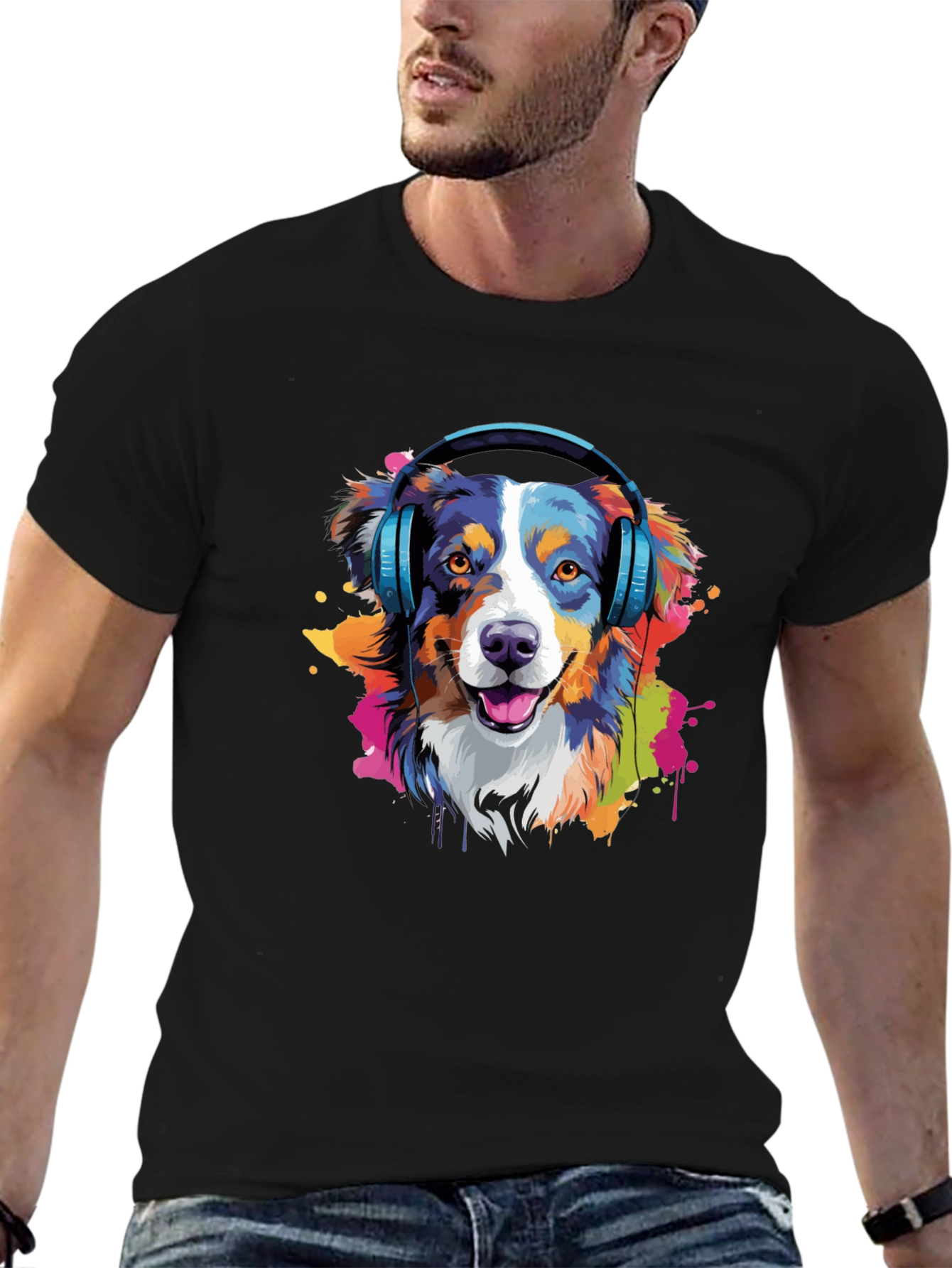Dog with Headphones Black T-Shirt