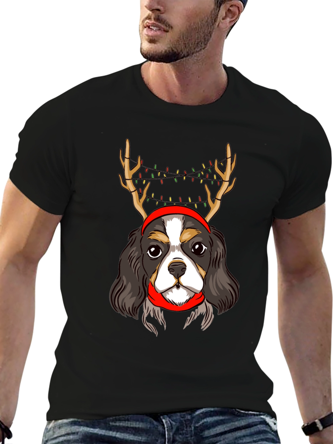 Christmas Dog T-Shirt Antlers Lights